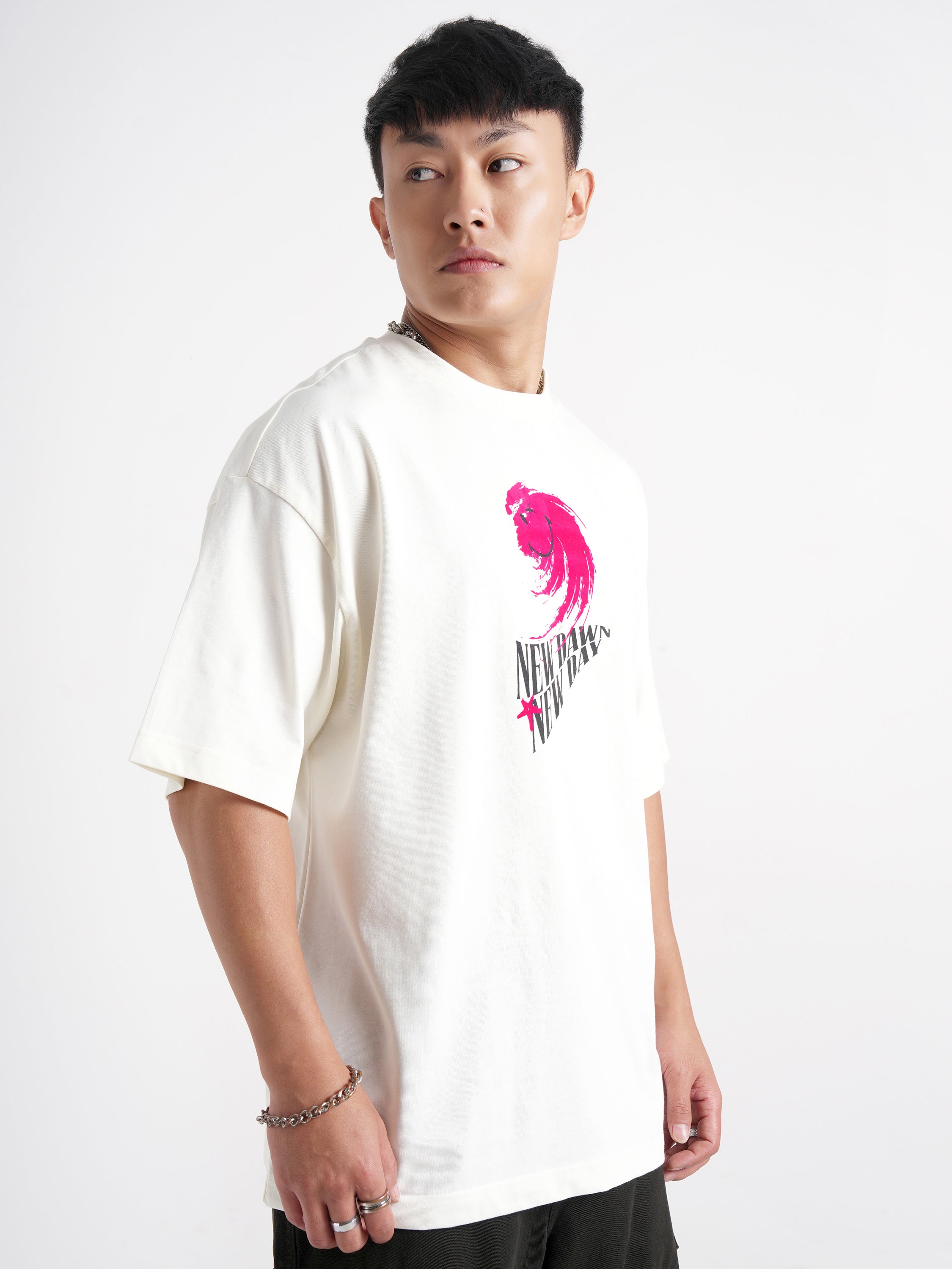 Highlander Men Off White SmileyWorldÂ® Printed Round Neck Oversized Fit T-Shirt - Off White - Image 6