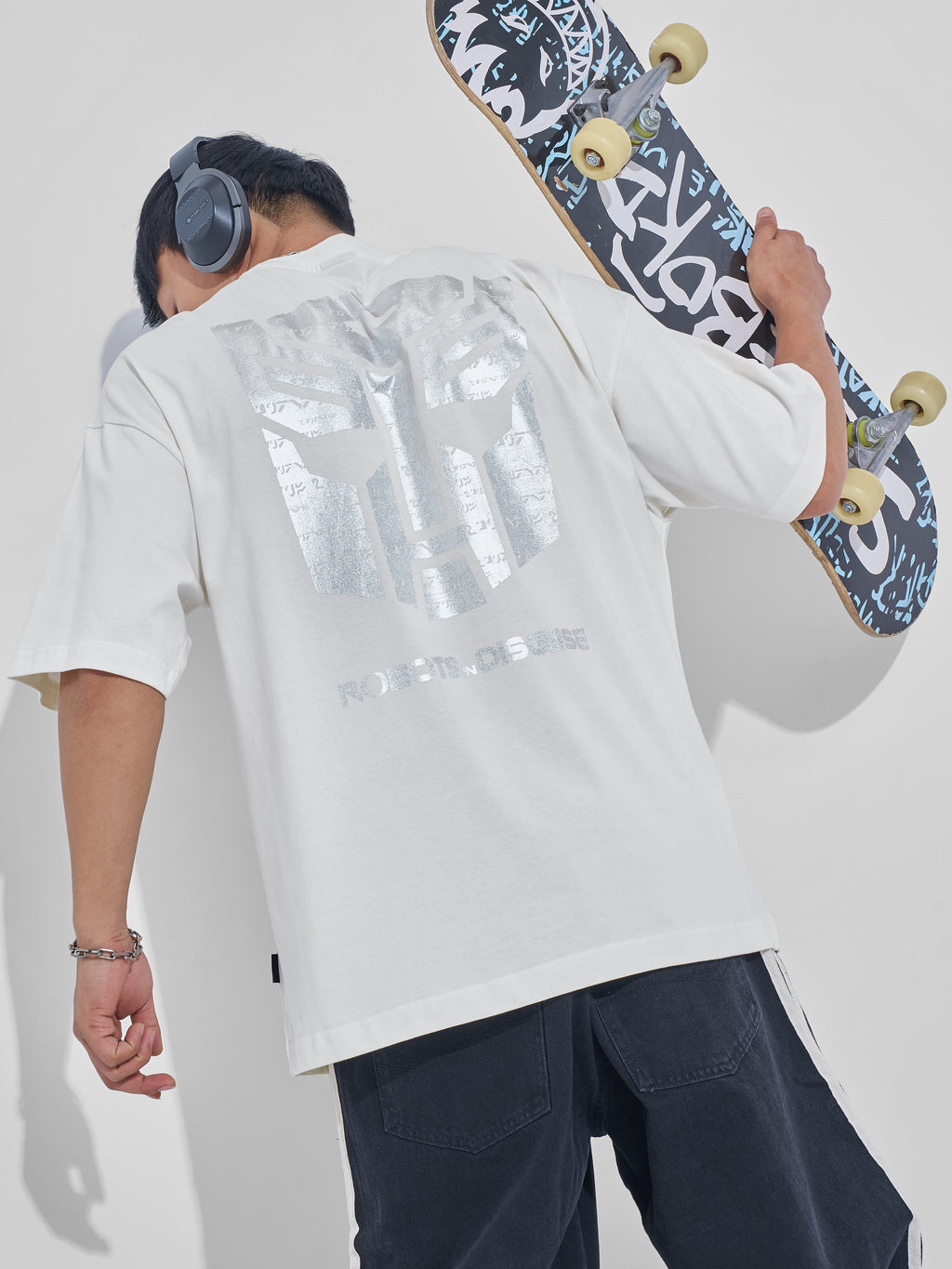 Highlander Men Off White Transformers Printed Round Neck Oversized Fit T-Shirt - Off White - Image 1