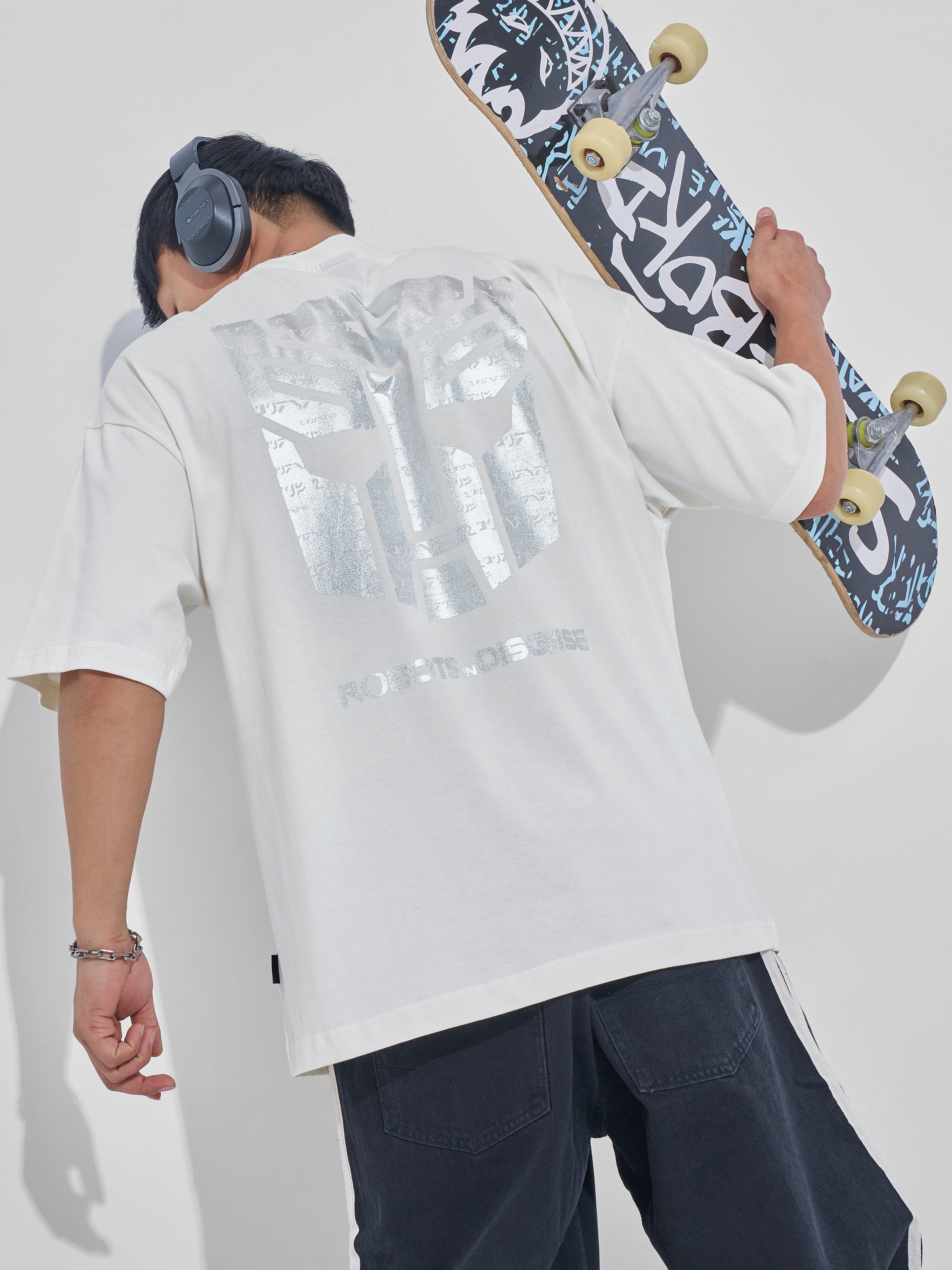 Highlander Men Off White Transformers Printed Round Neck Oversized Fit T-Shirt - Off White - Image 1