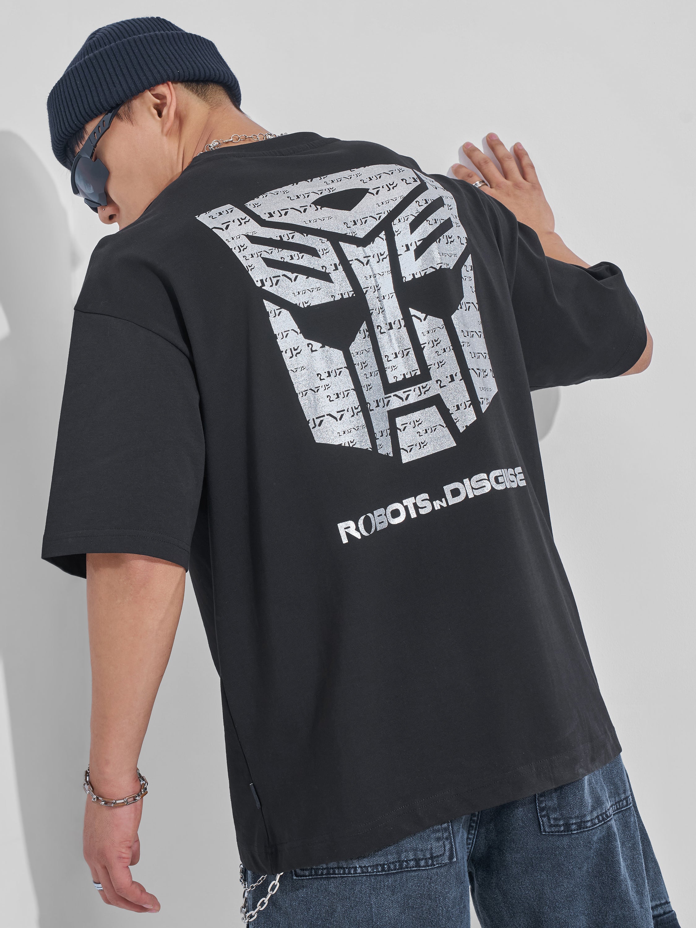 Highlander Men Black Transformers Printed Round Neck Oversized Fit T-Shirt - Black - Image 1