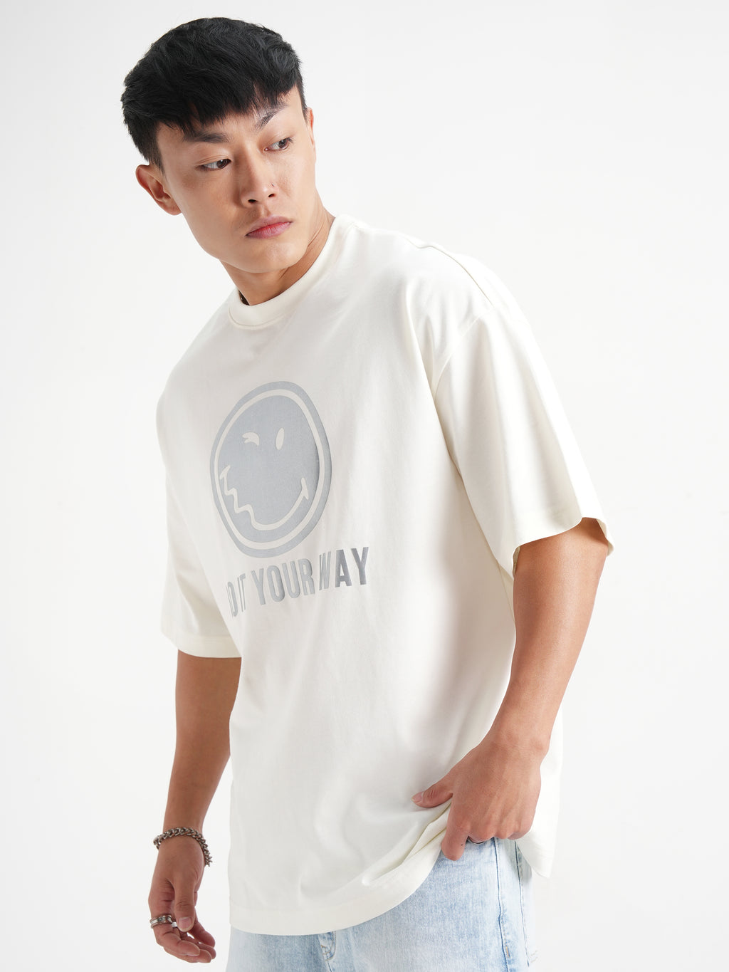 Highlander Men Off White SmileyWorldÂ® Printed Round Neck Oversized Fit T-Shirt - Off White - Image 4