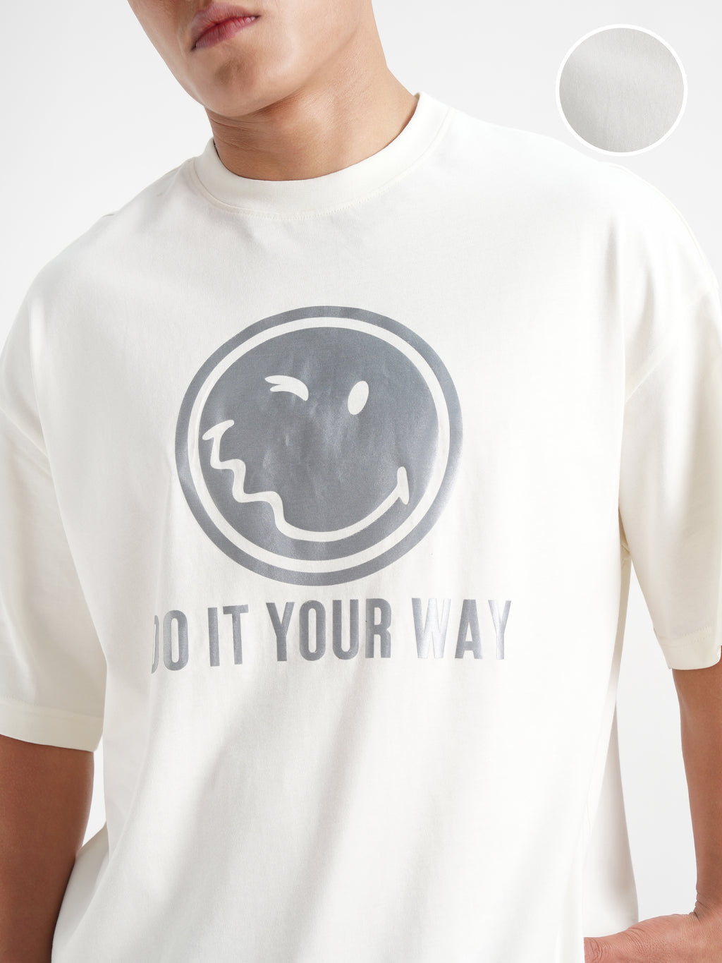 Highlander Men Off White SmileyWorldÂ® Printed Round Neck Oversized Fit T-Shirt - Off White - Image 5