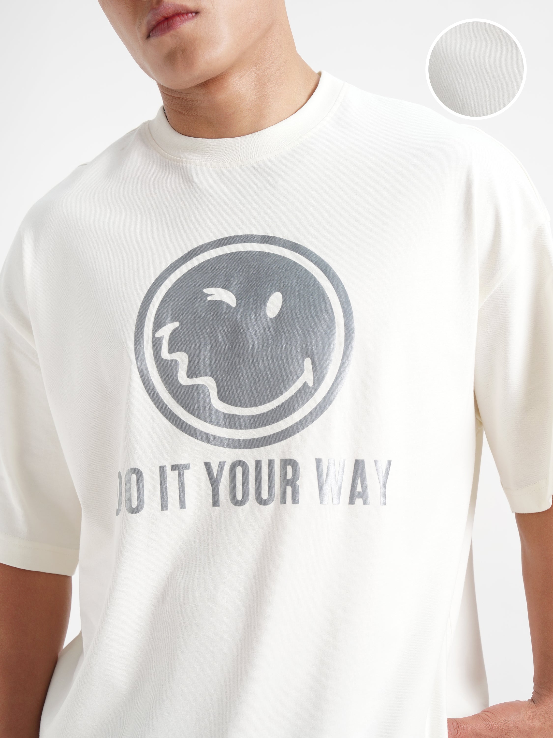 Highlander Men Off White SmileyWorldÂ® Printed Round Neck Oversized Fit T-Shirt - Off White - Image 5