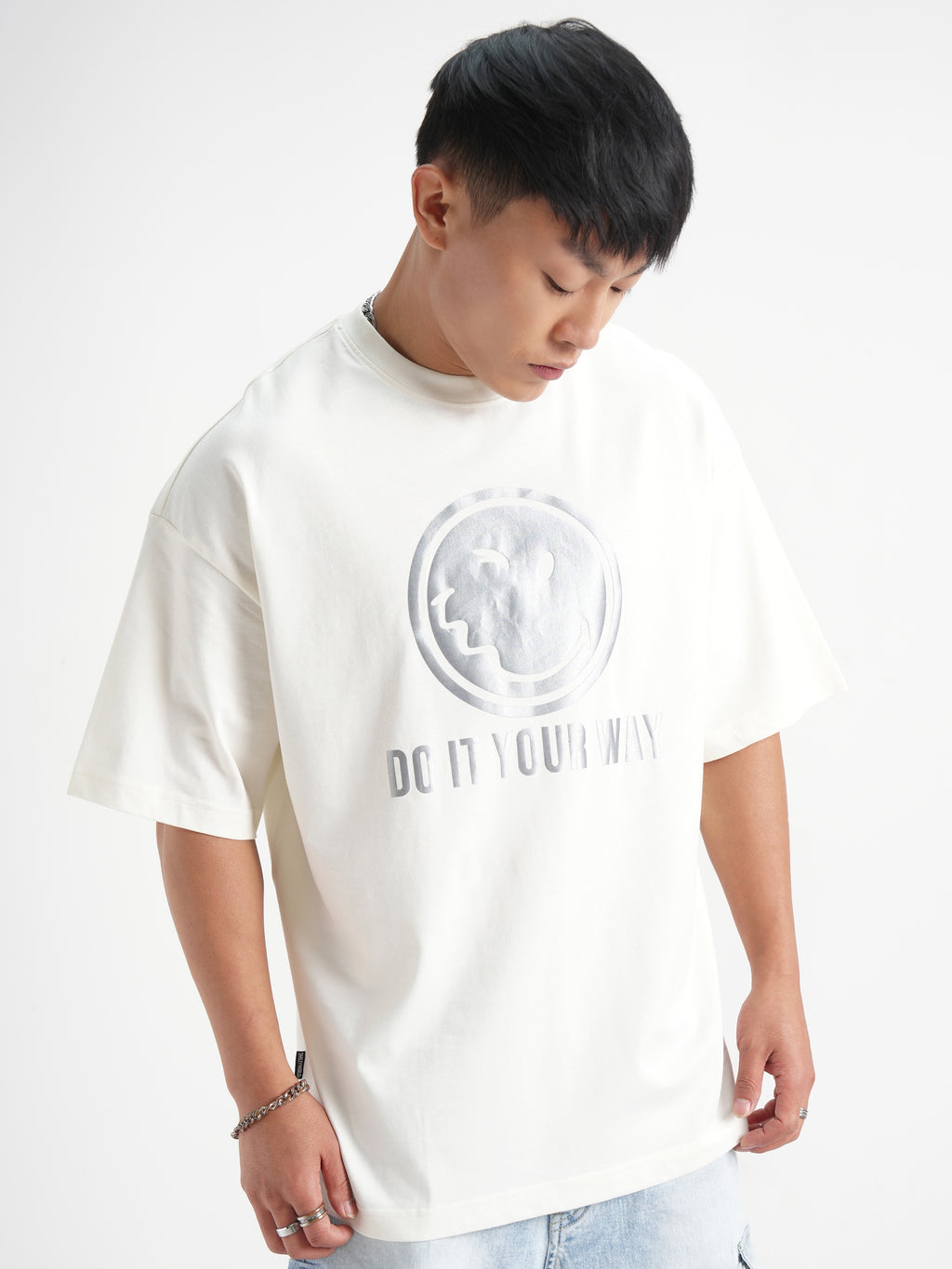 Highlander Men Off White SmileyWorldÂ® Printed Round Neck Oversized Fit T-Shirt - Off White - Image 6