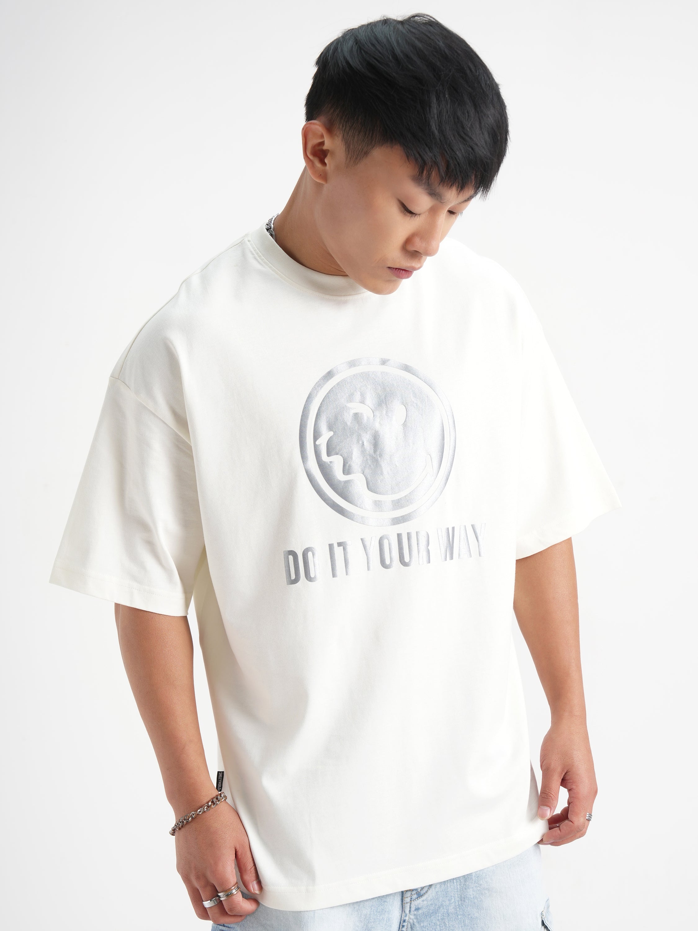 Highlander Men Off White SmileyWorldÂ® Printed Round Neck Oversized Fit T-Shirt - Off White - Image 6