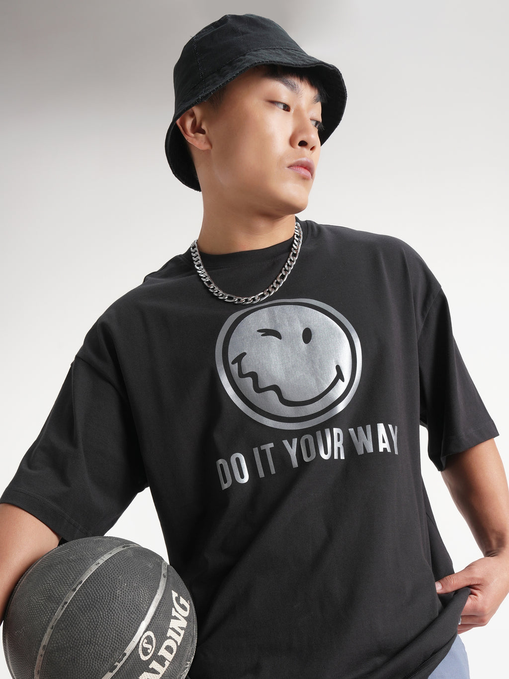 Highlander Men Black SmileyWorldÂ® Printed Round Neck Oversized Fit T-Shirt - Black - Image 1