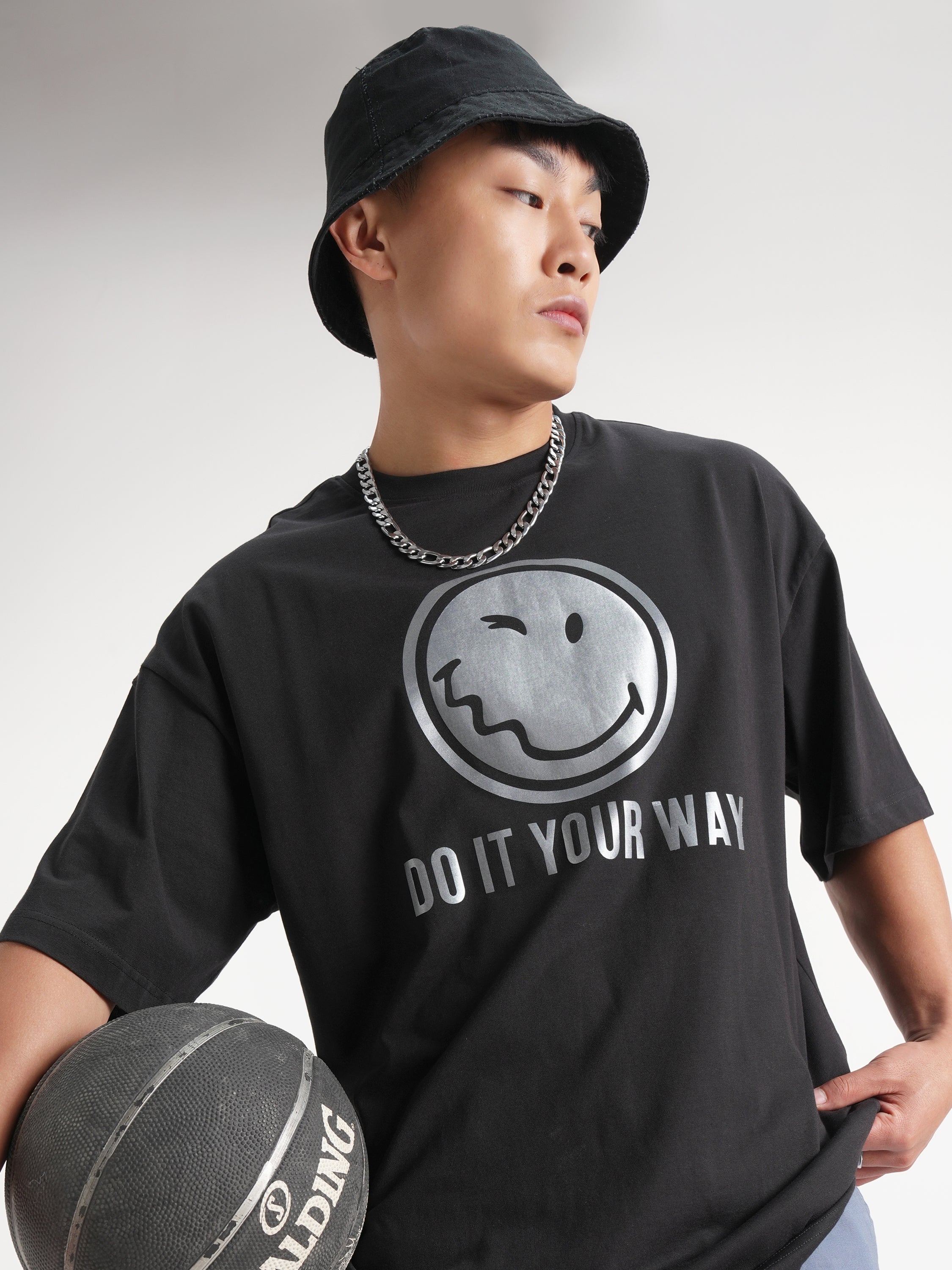Highlander Men Black SmileyWorldÂ® Printed Round Neck Oversized Fit T-Shirt - Black - Image 1