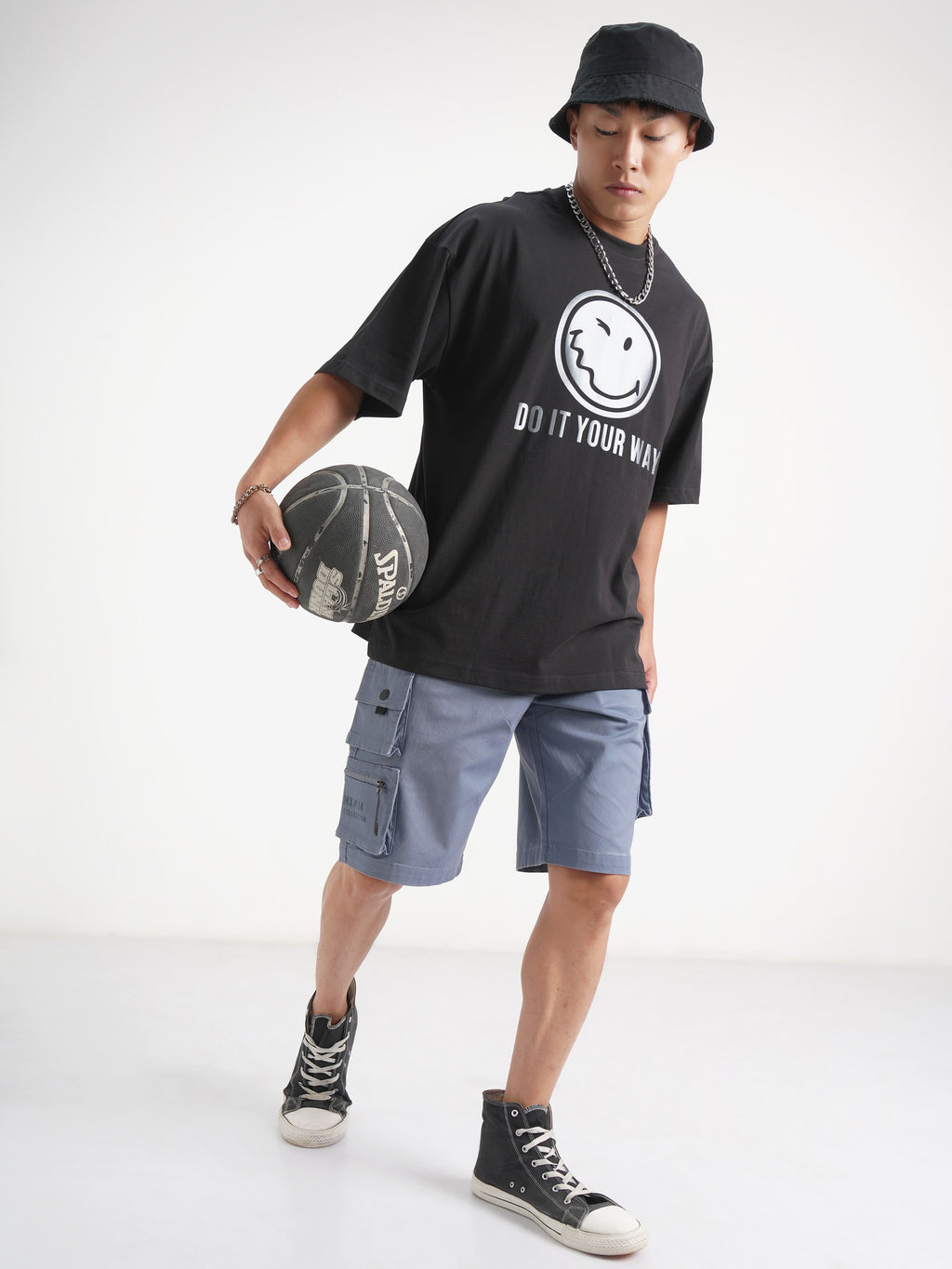 Highlander Men Black SmileyWorldÂ® Printed Round Neck Oversized Fit T-Shirt - Black - Image 2