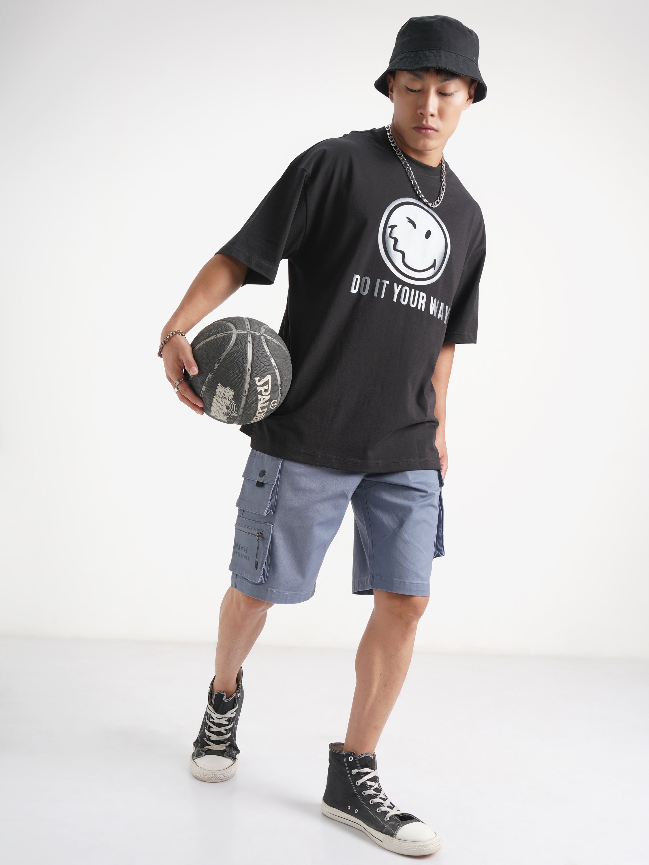 Highlander Men Black SmileyWorldÂ® Printed Round Neck Oversized Fit T-Shirt - Black - Image 2