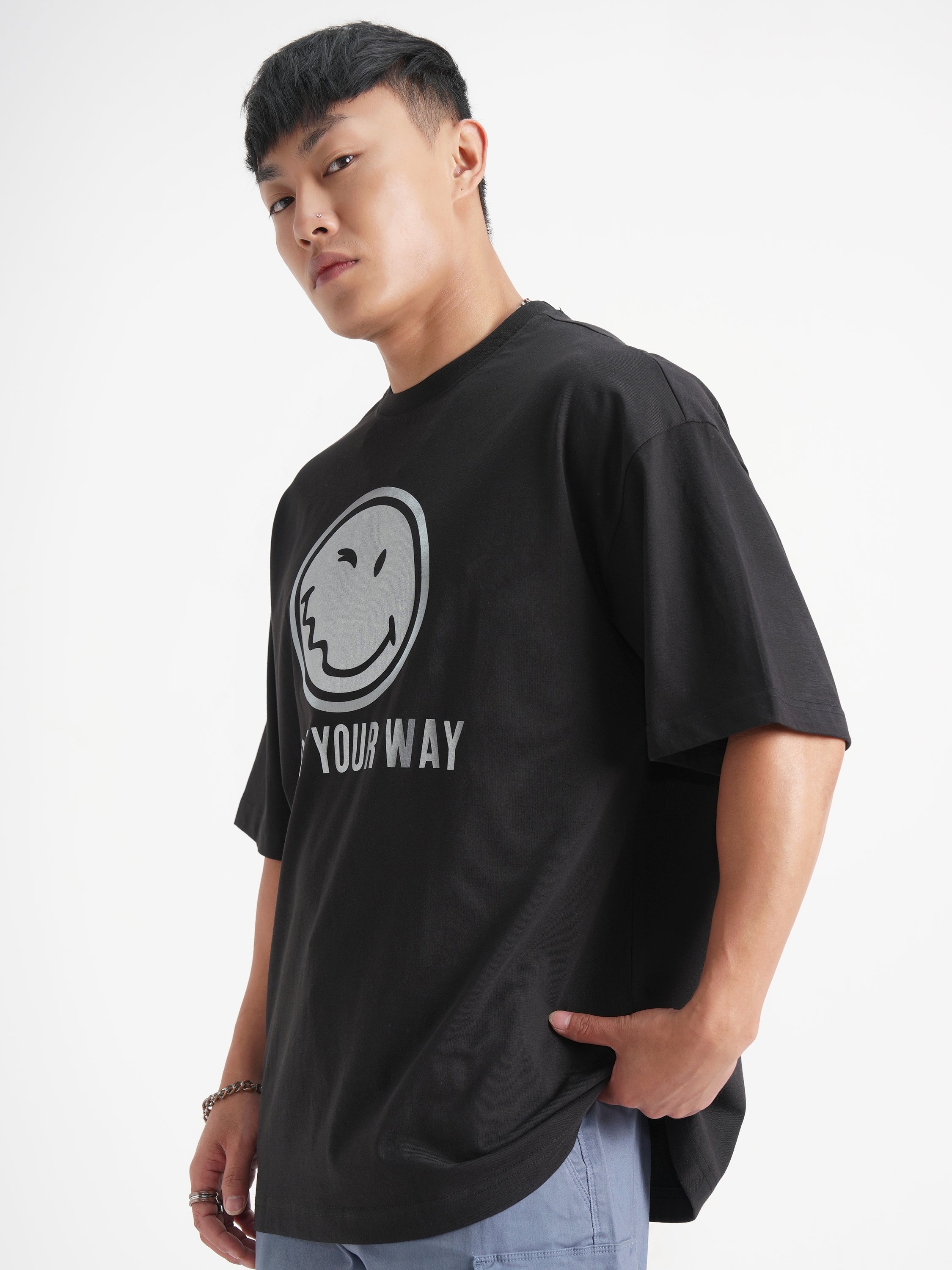 Highlander Men Black SmileyWorldÂ® Printed Round Neck Oversized Fit T-Shirt - Black - Image 4