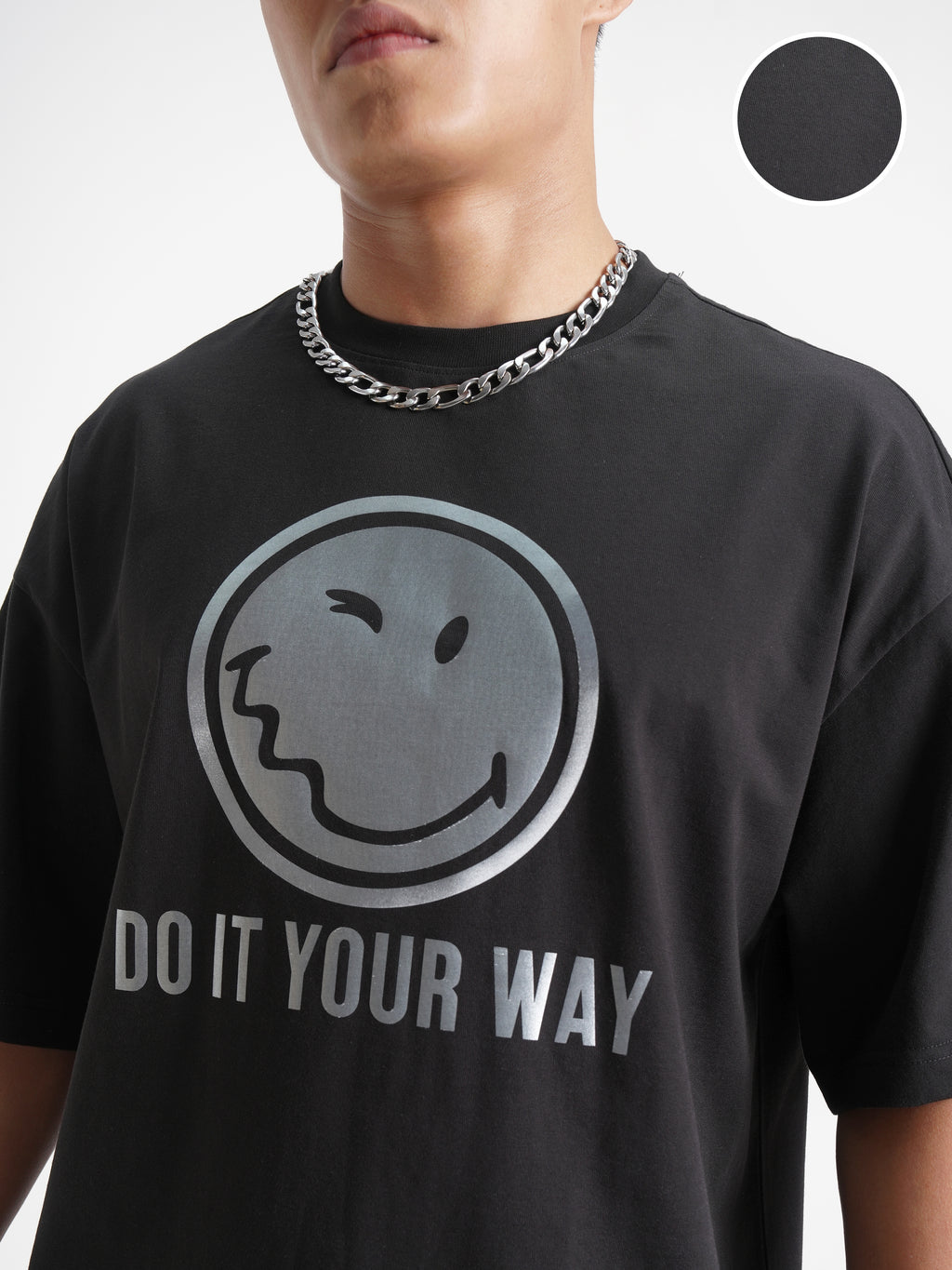 Highlander Men Black SmileyWorldÂ® Printed Round Neck Oversized Fit T-Shirt - Black - Image 5