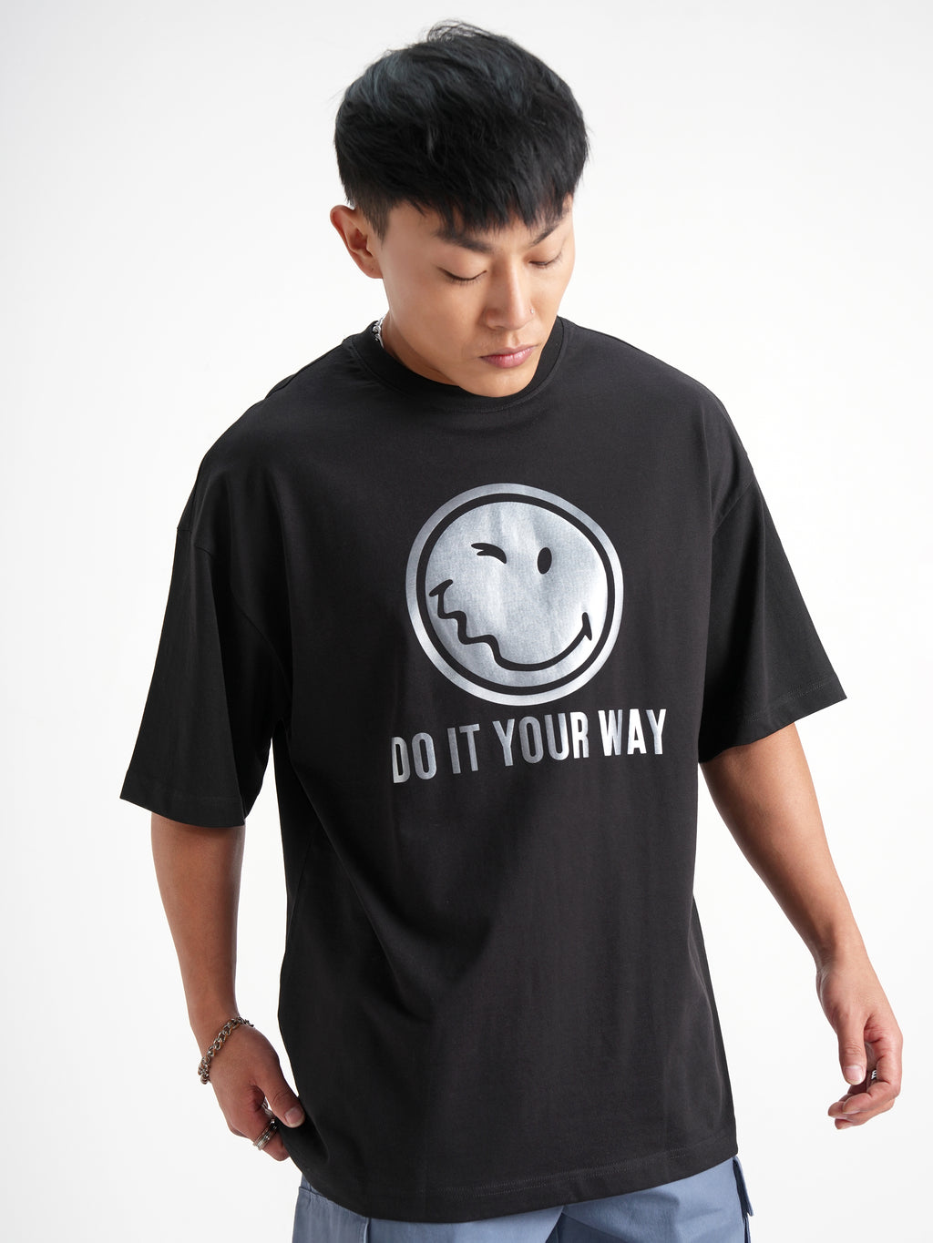 Highlander Men Black SmileyWorldÂ® Printed Round Neck Oversized Fit T-Shirt - Black - Image 6