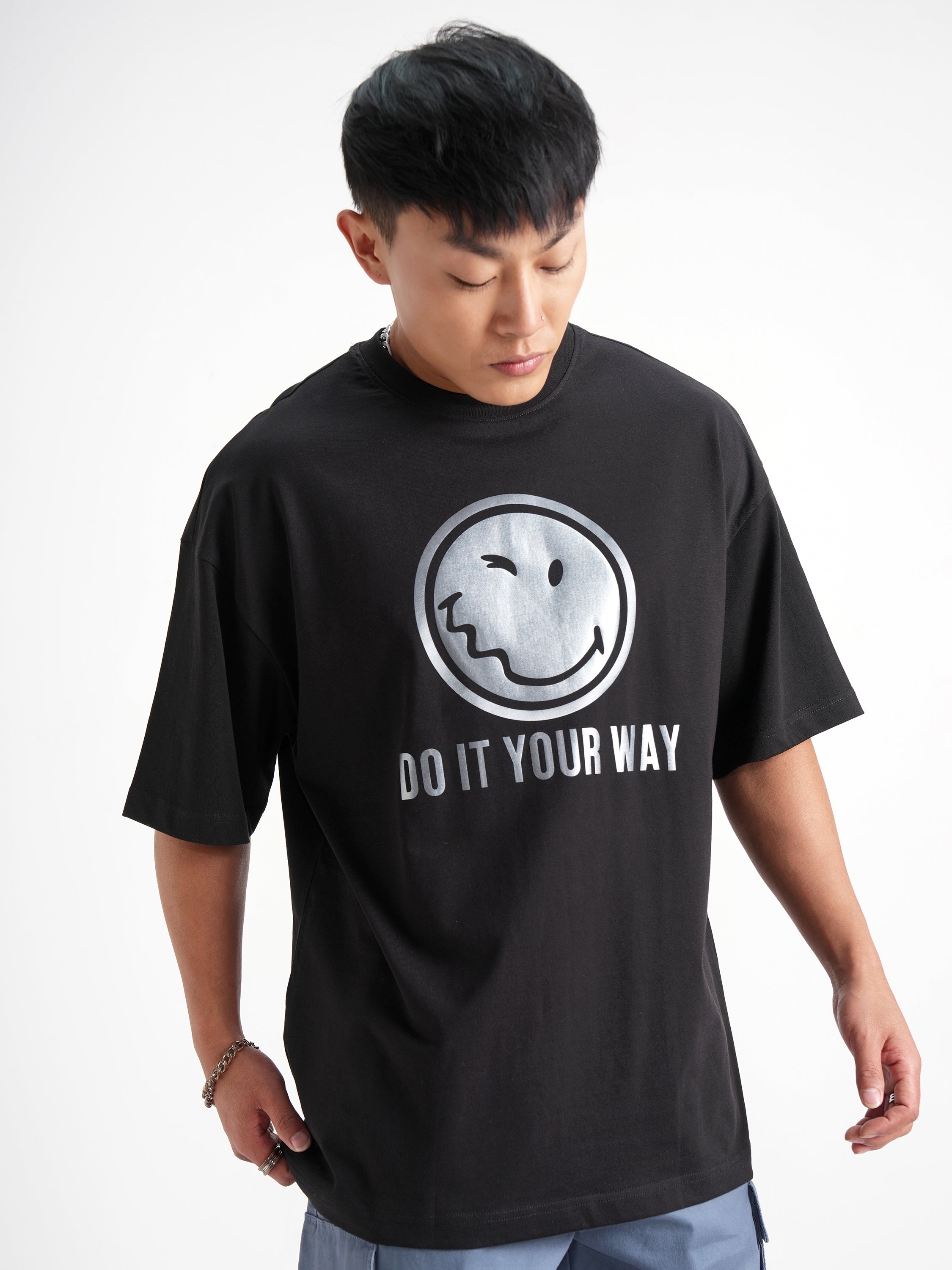 Highlander Men Black SmileyWorldÂ® Printed Round Neck Oversized Fit T-Shirt - Black - Image 6
