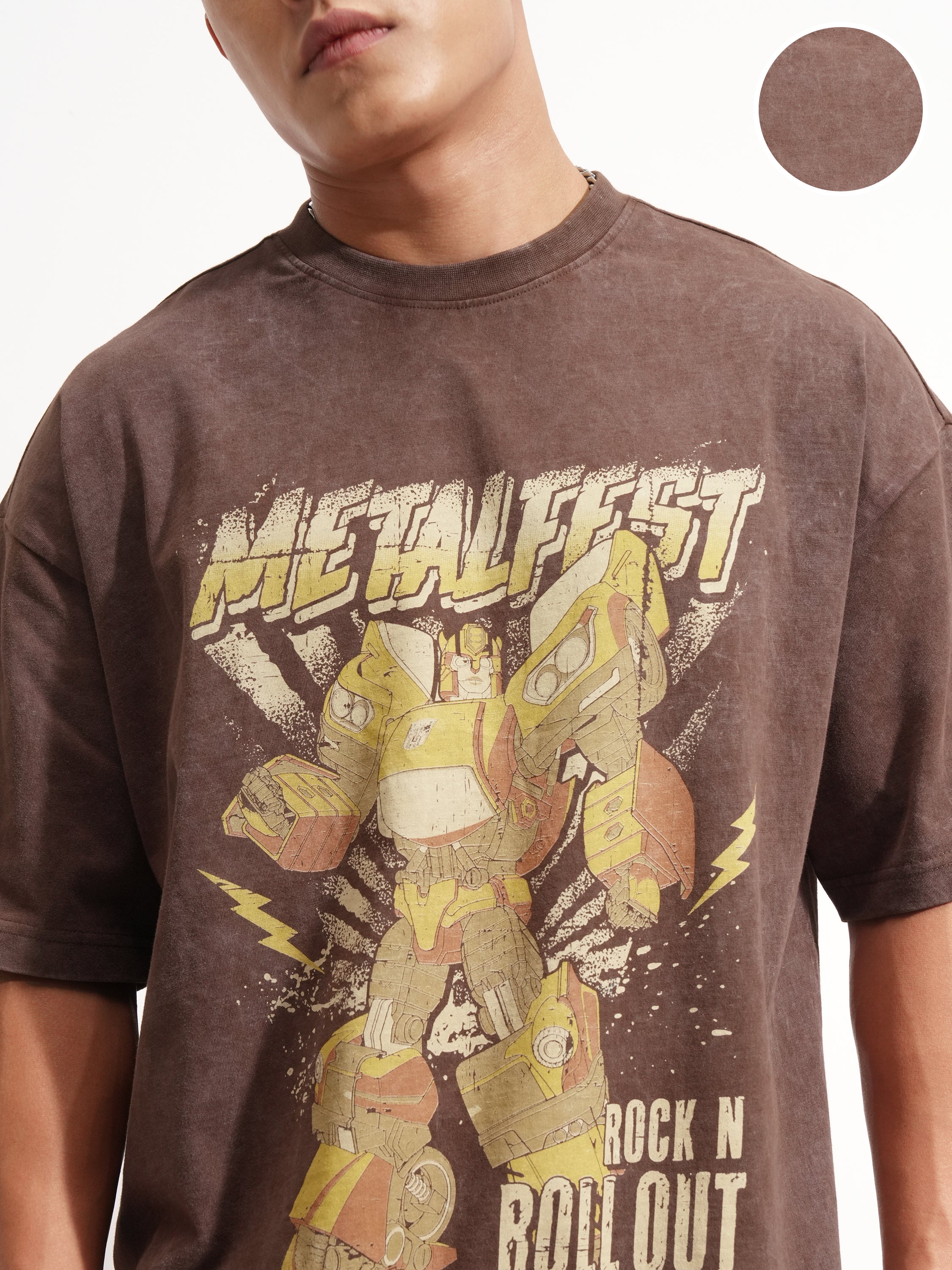 Highlander Men Brown Optimus Prime Printed Round Neck Oversized Fit T-Shirt - Brown - Image 5