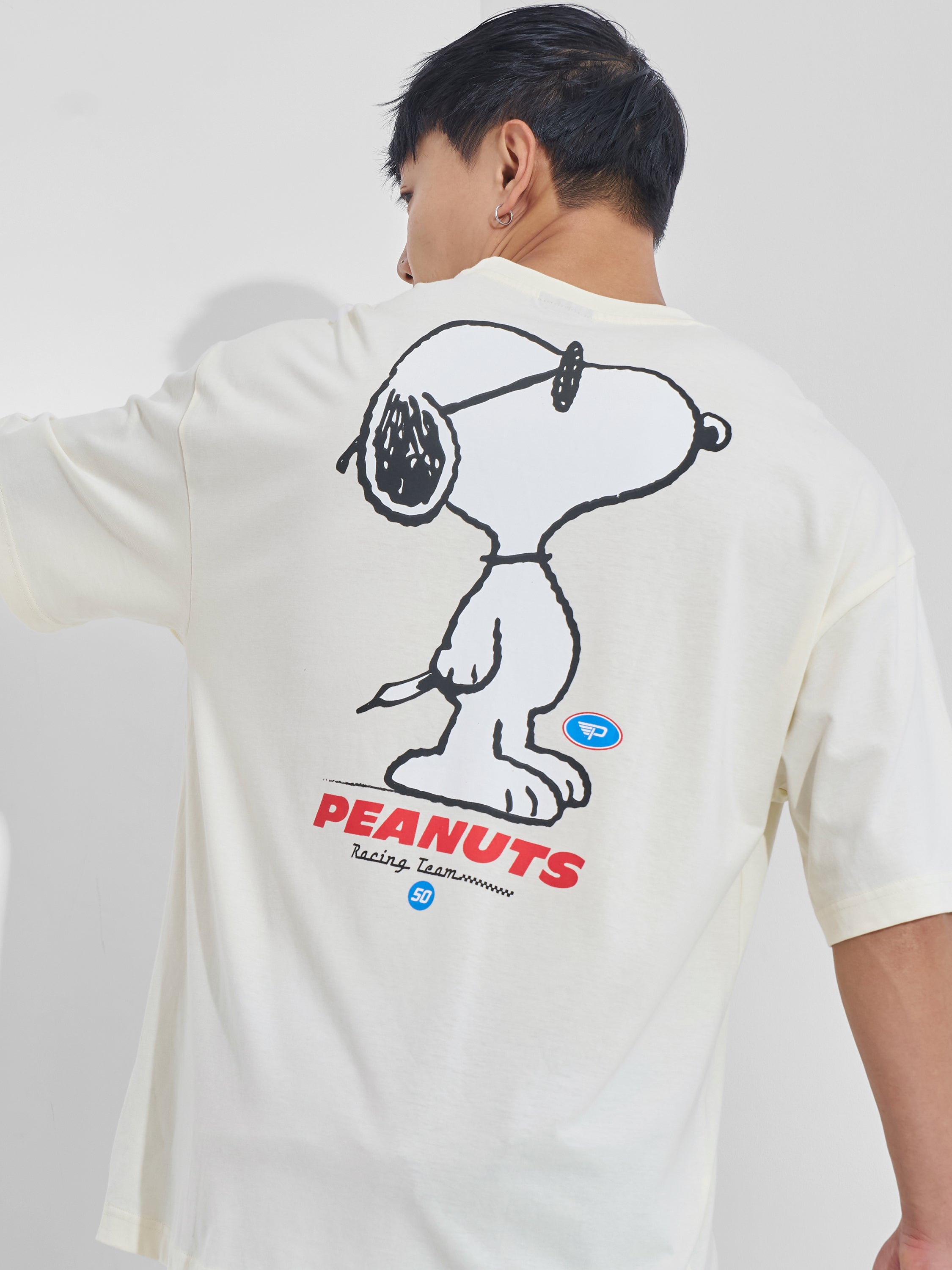 Highlander Men White Peanuts Printed Round Neck Oversized Fit T-Shirt - White - Image 1
