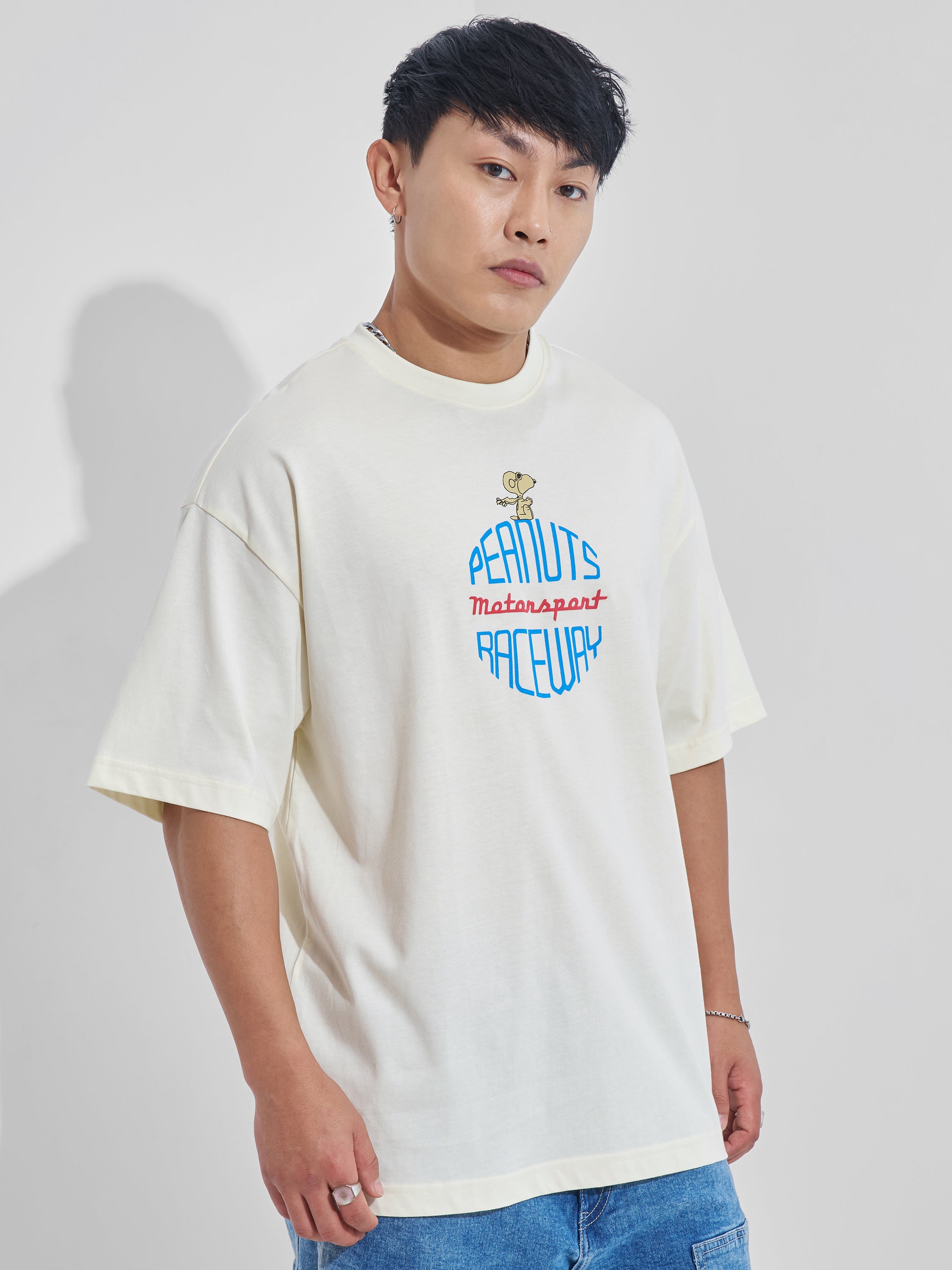 Highlander Men White Peanuts Printed Round Neck Oversized Fit T-Shirt - White - Image 6