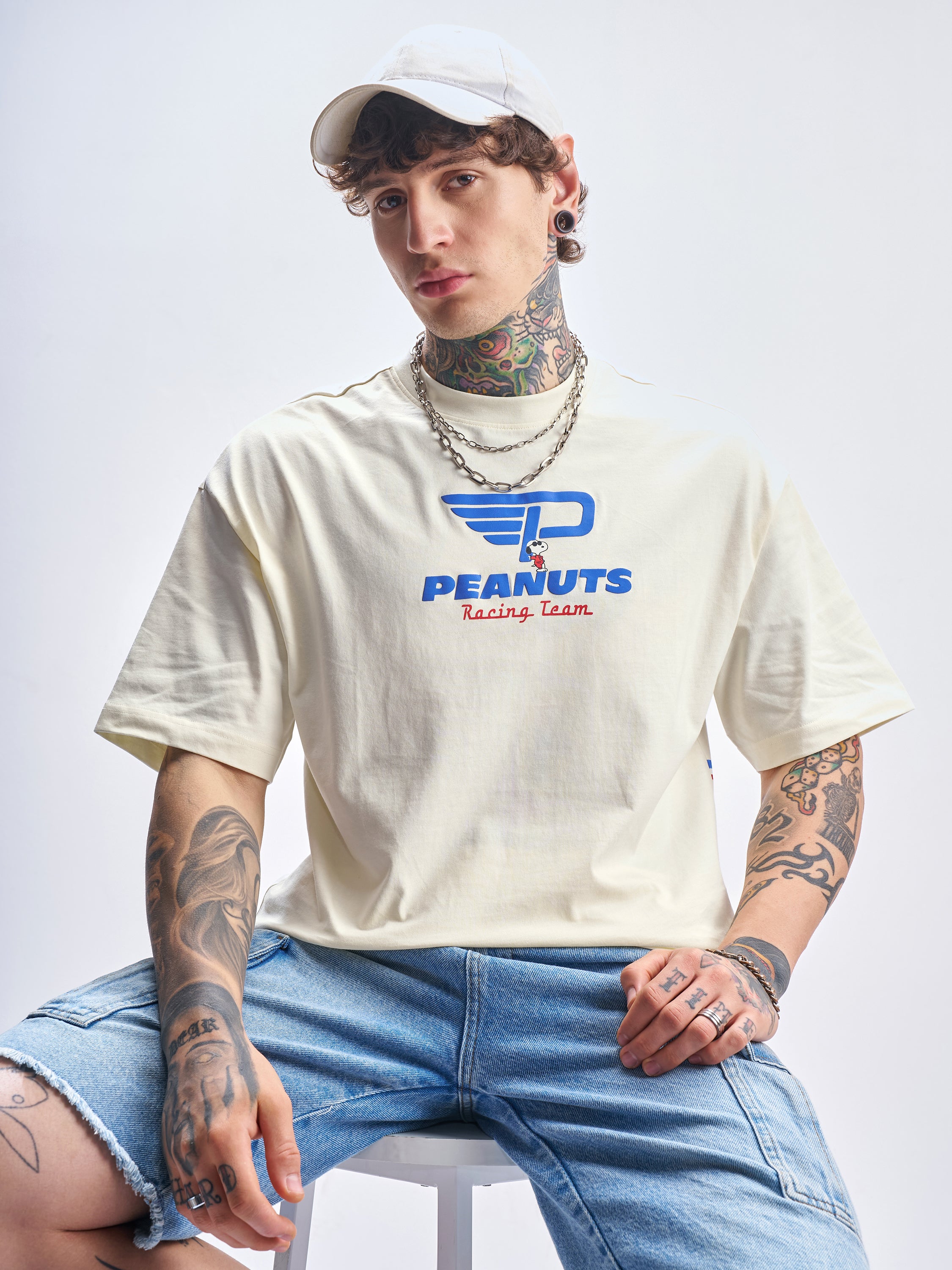 Highlander Men Beige Peanuts Printed Round Neck Oversized Fit T-Shirt - Beige - Image 3