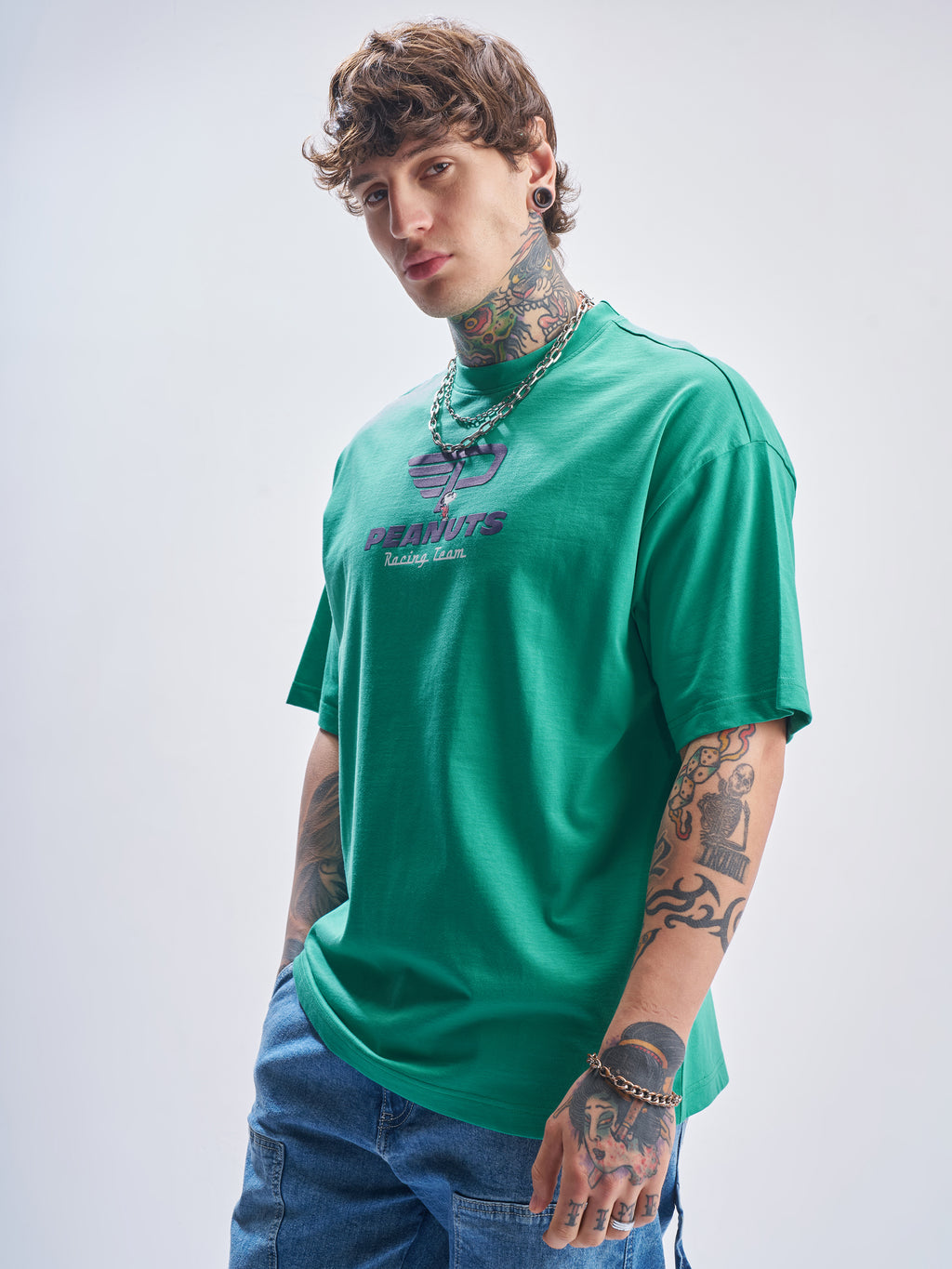 Highlander Men Turquoise Peanuts Printed Round Neck Oversized Fit T-Shirt - Turquoise - Image 4