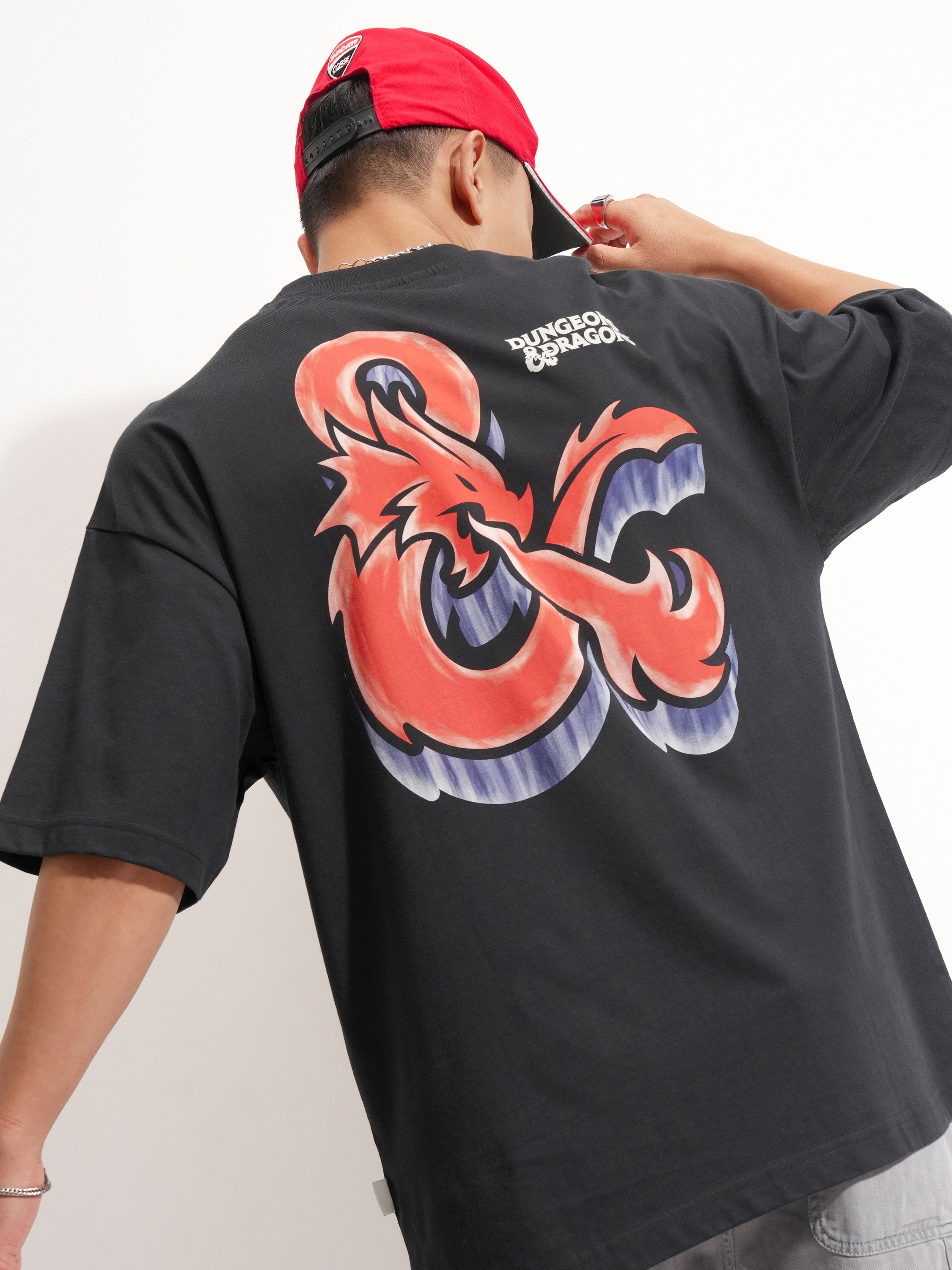 Highlander Men Black Dungeons And Dragons Printed Round Neck Oversized Fit T-Shirt - Black - Image 1