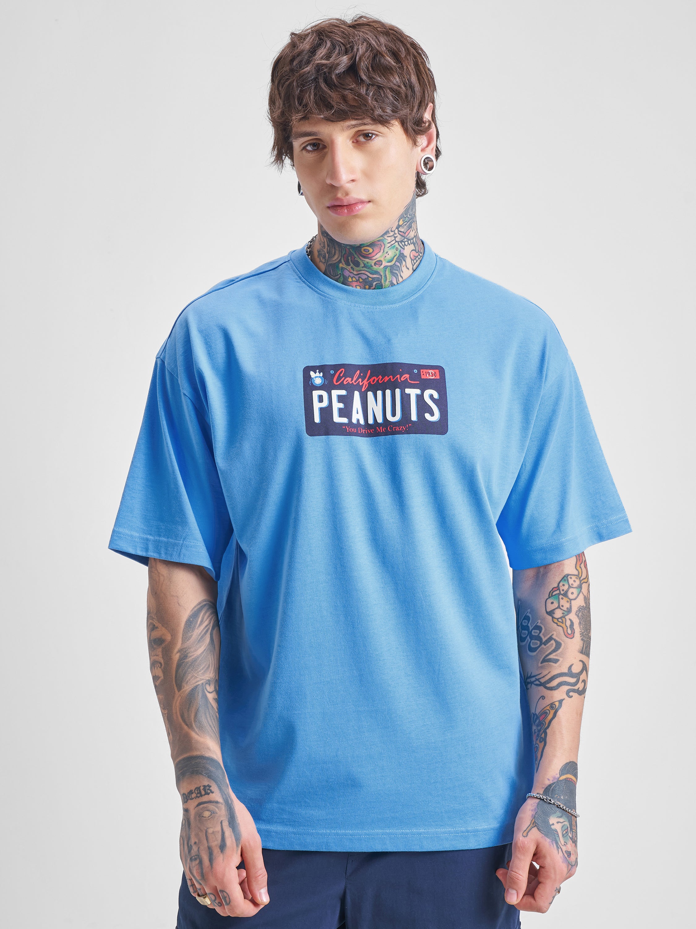 Highlander Men Blue Peanuts Printed Round Neck Oversized Fit T-Shirt - Blue - Image 3