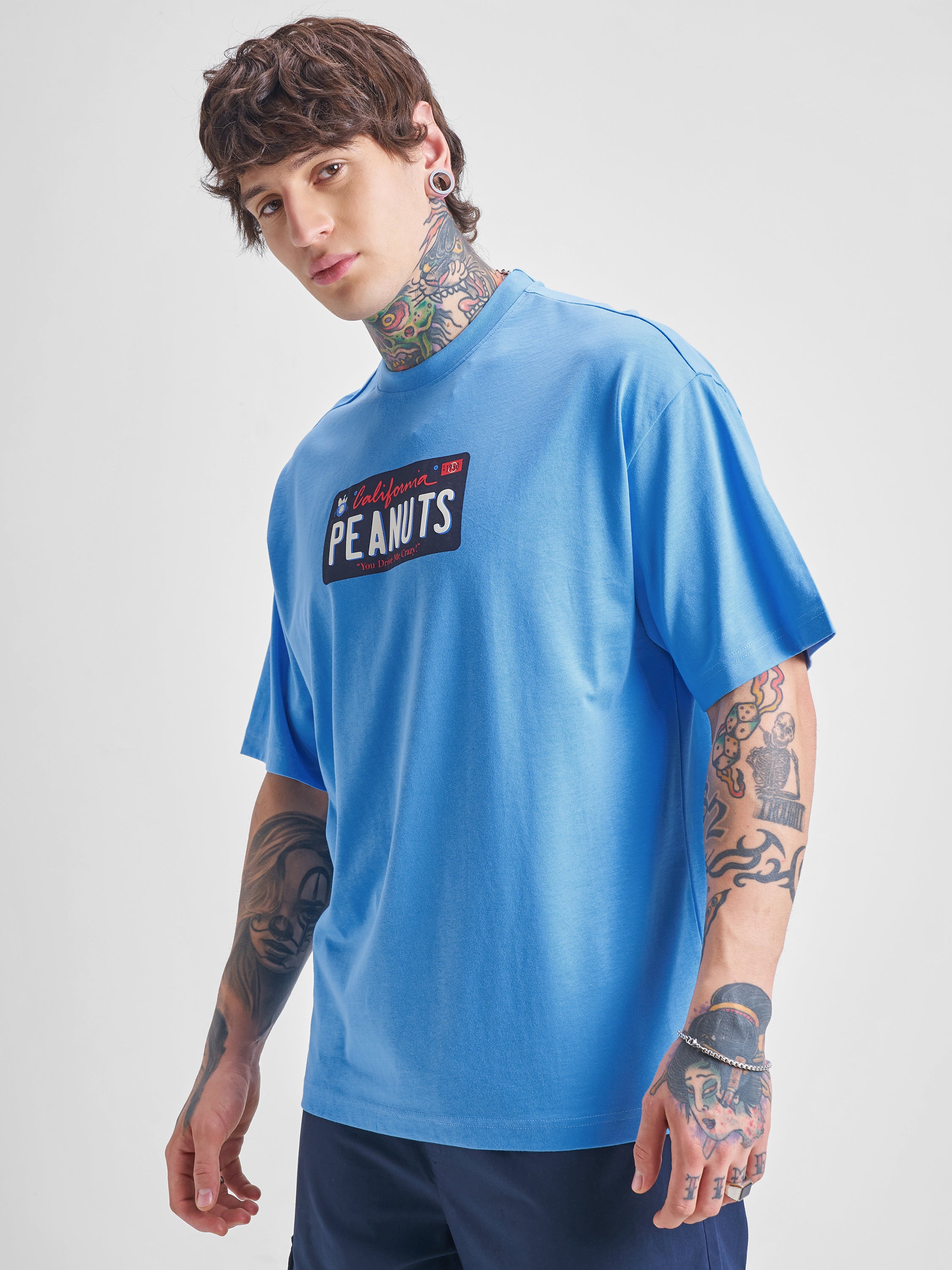 Highlander Men Blue Peanuts Printed Round Neck Oversized Fit T-Shirt - Blue - Image 4