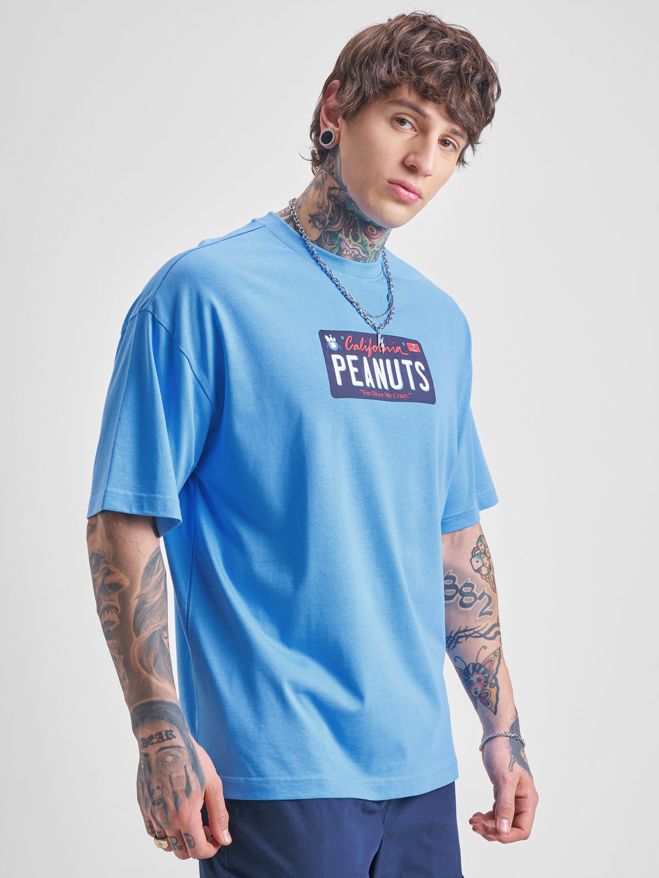 Highlander Men Blue Peanuts Printed Round Neck Oversized Fit T-Shirt - Blue - Image 6
