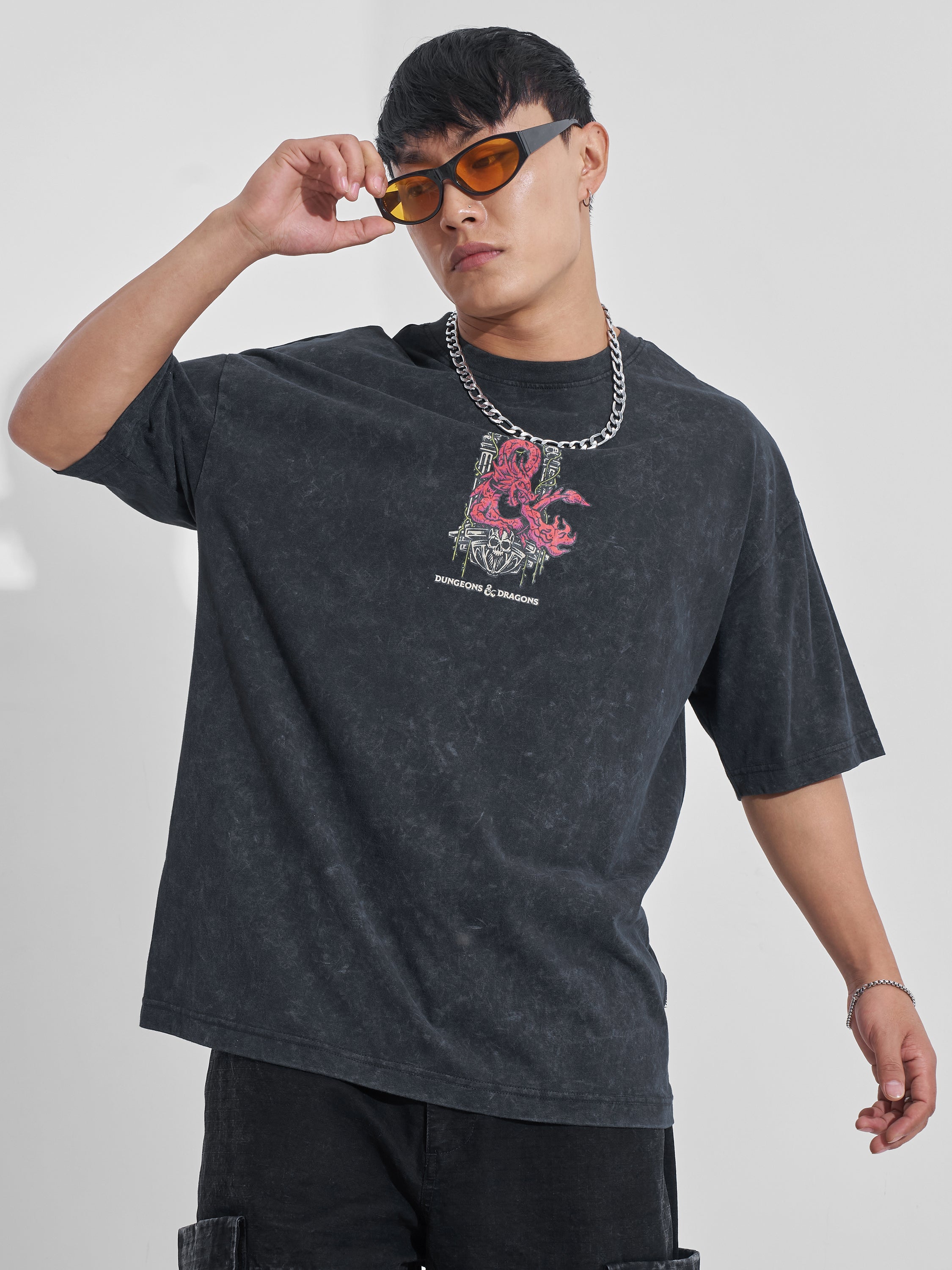 Highlander Men Black Dungeons And Dragons Printed Round Neck Oversized Fit T-Shirt - Black - Image 3