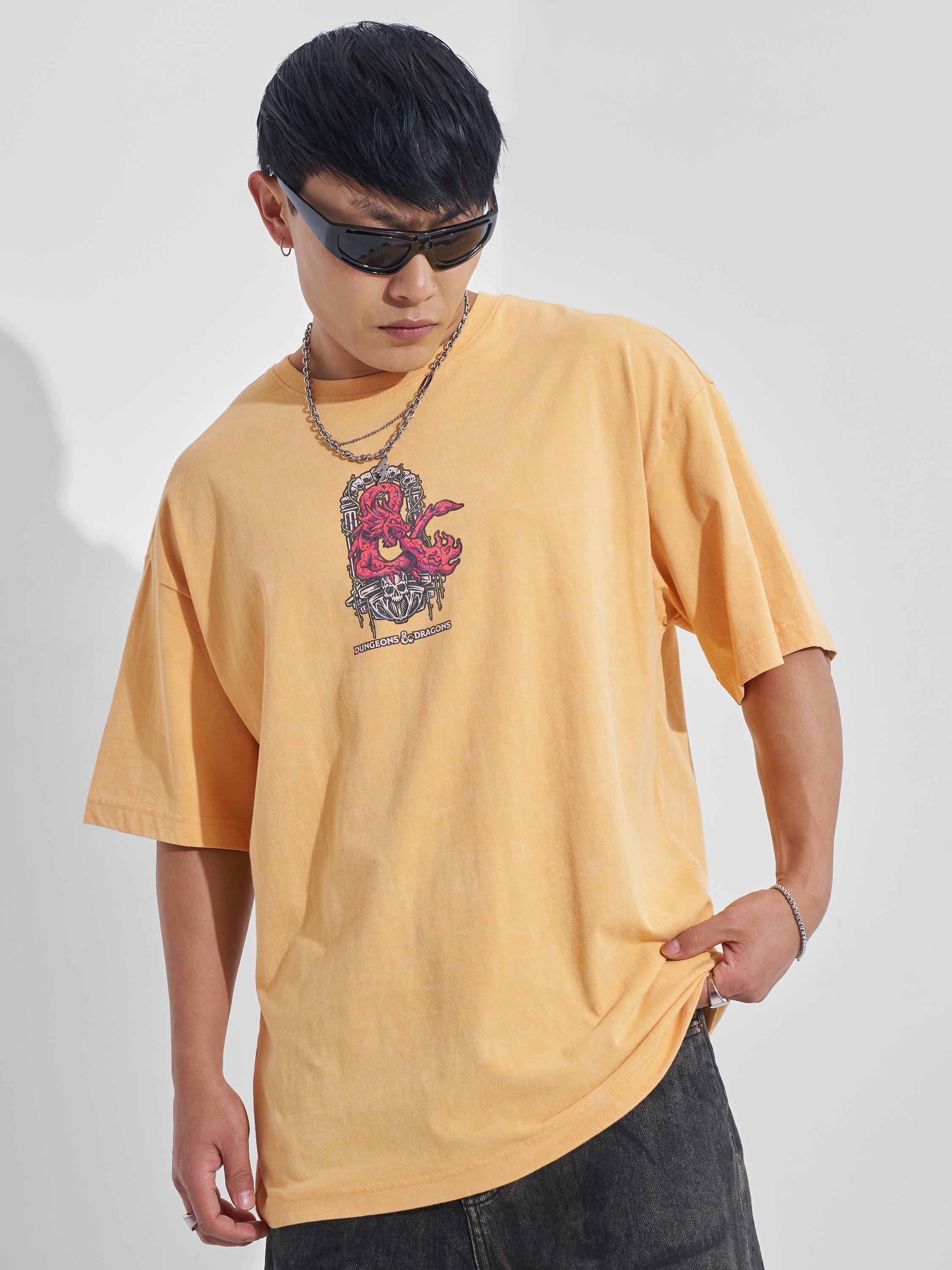Highlander Men Yellow Dungeons And Dragons Printed Round Neck Oversized Fit T-Shirt - Yellow - Image 3