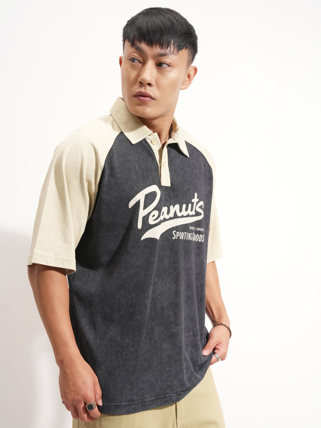 Highlander Men Black Peanuts Printed Polo Collar T-Shirt - Black - Image 6
