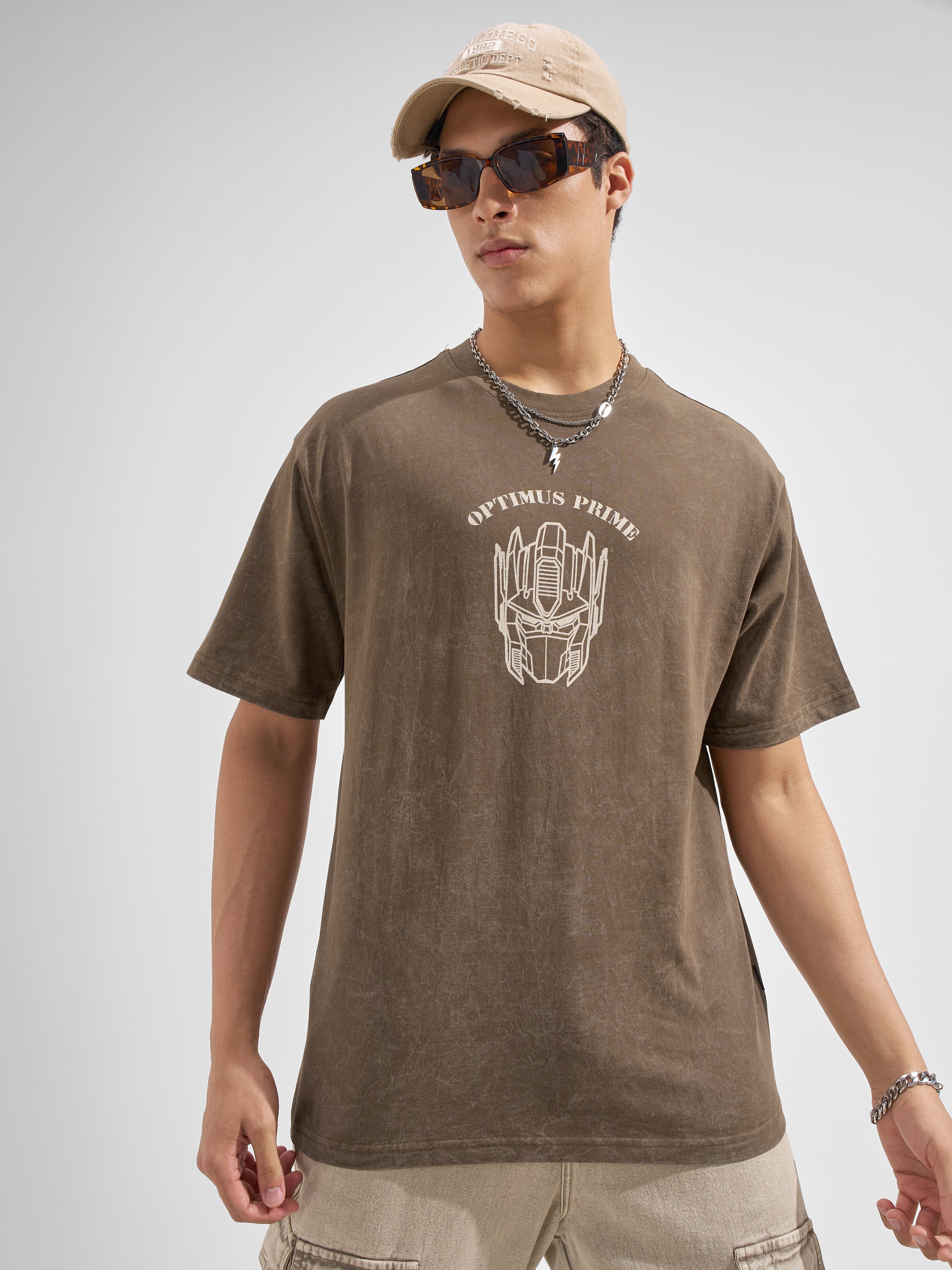 Highlander Men Khaki Transformers Printed Round Neck T-Shirt