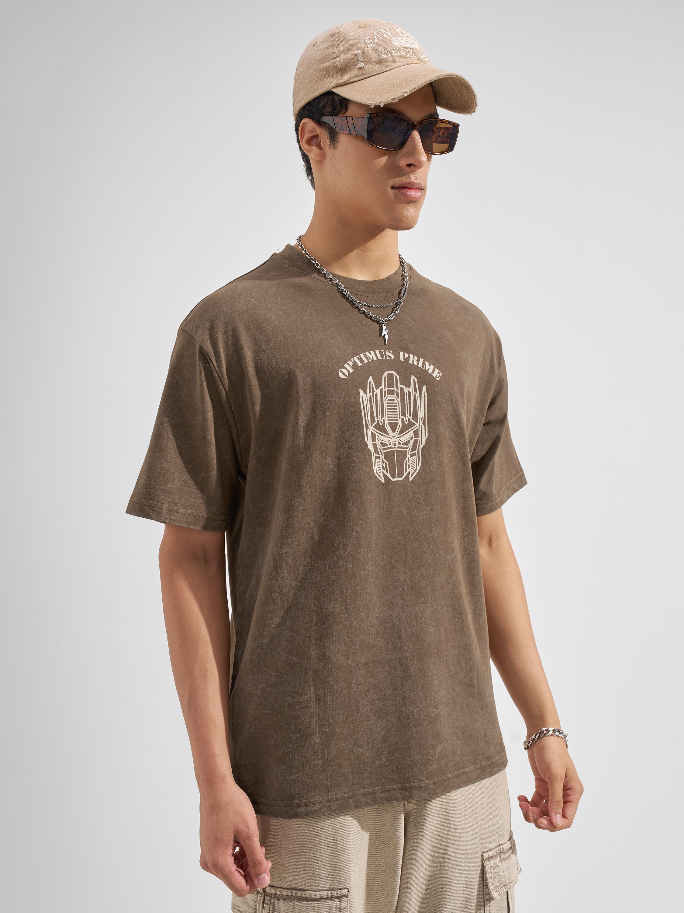 Highlander Men Khaki Transformers Printed Round Neck T-Shirt