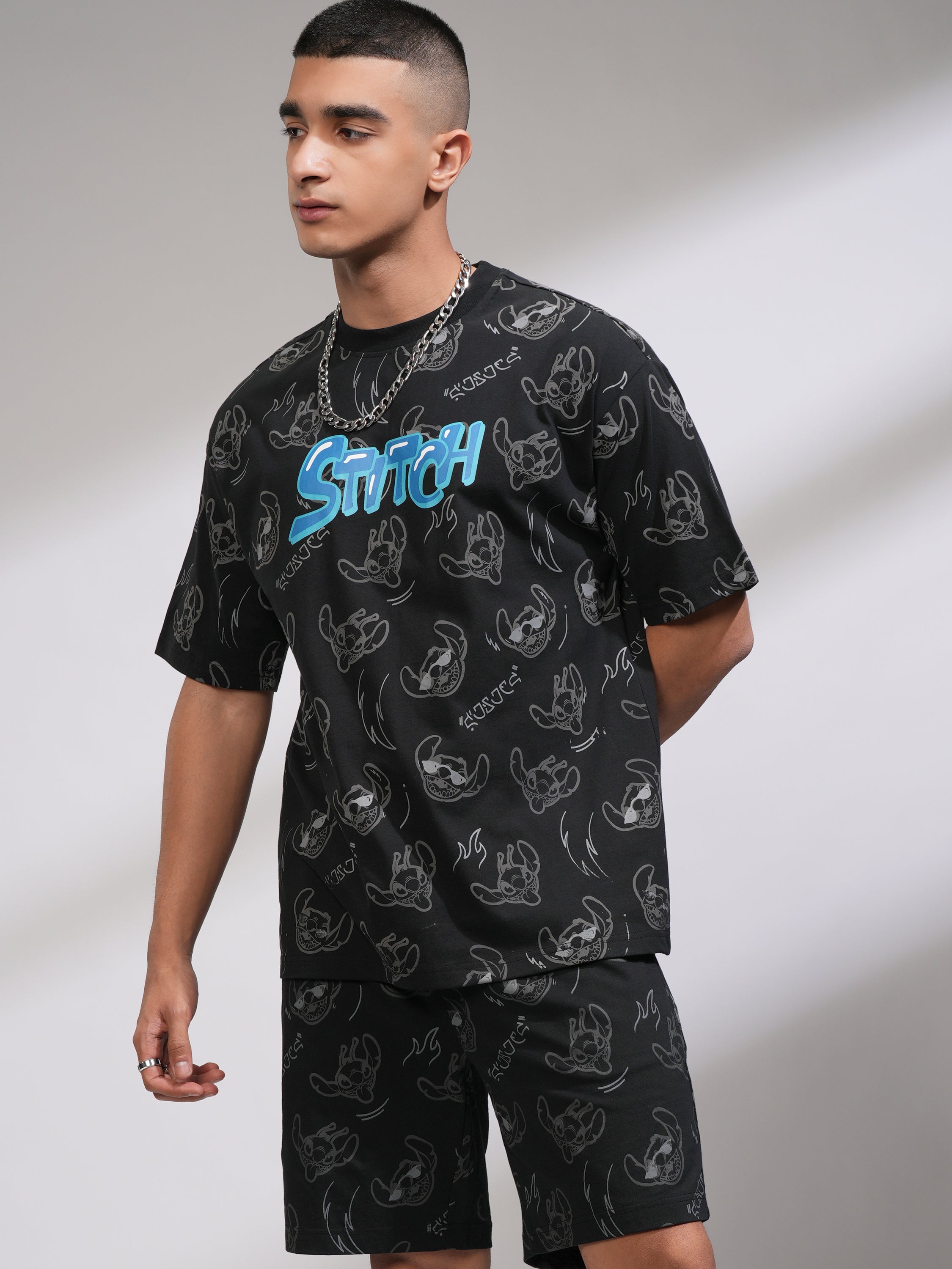 Disney By Highlander Men Black Stitch T-Shirt With Shorts Co-Ords - Black - Image 1
