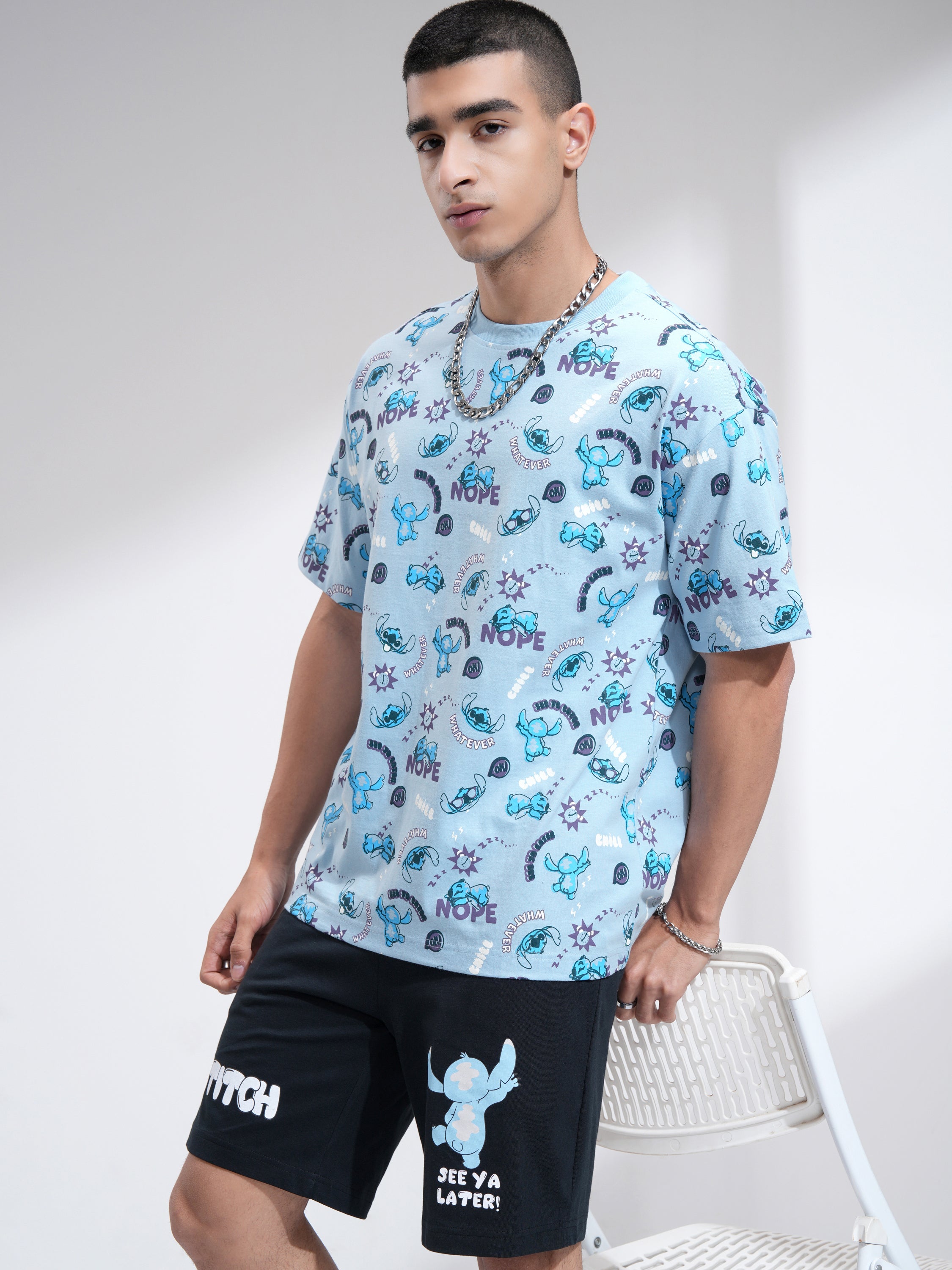 Disney By Highlander Men Blue Stitch T-Shirt With Shorts Co-Ords - Blue - Image 1