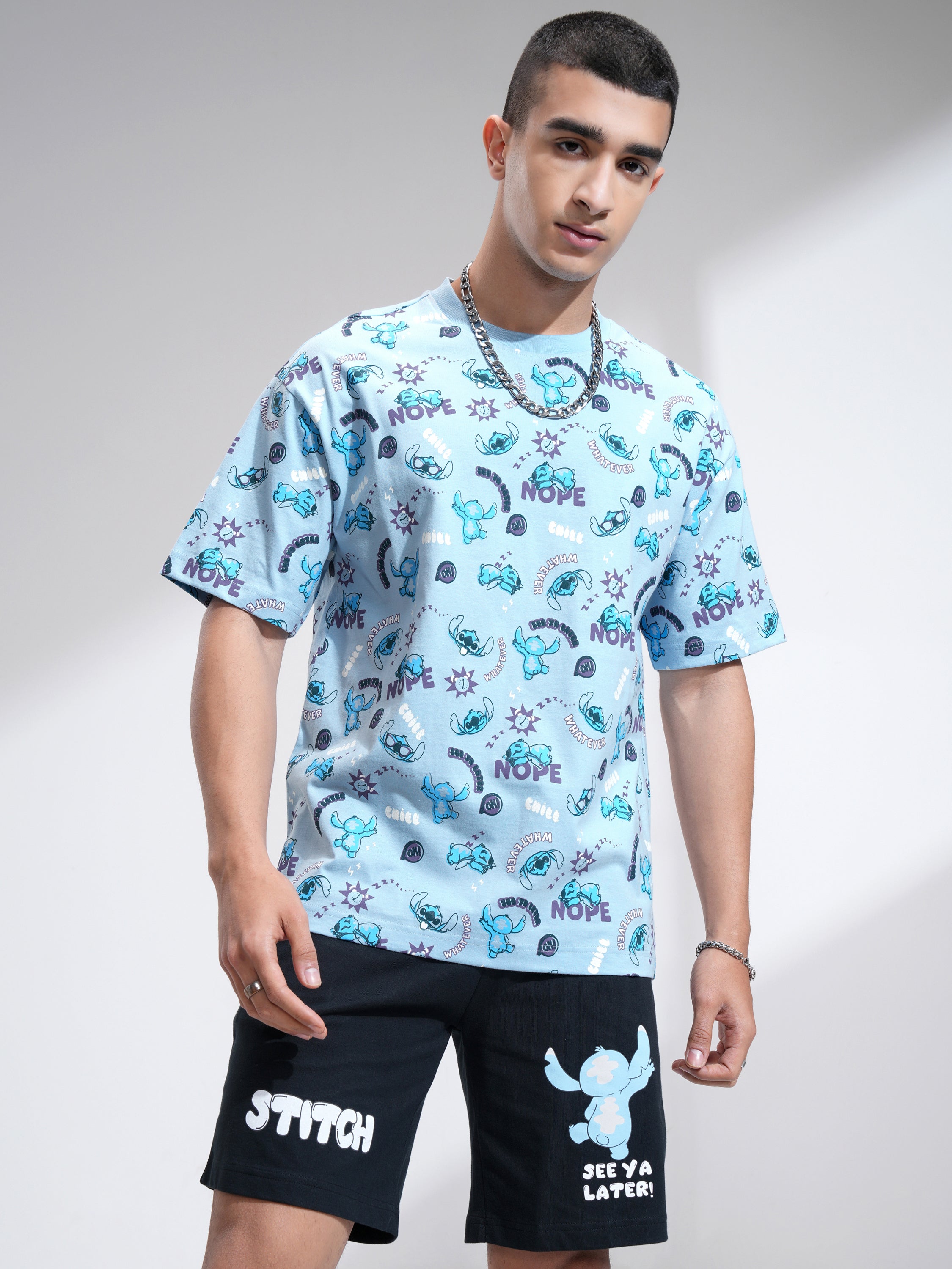 Disney By Highlander Men Blue Stitch T-Shirt With Shorts Co-Ords - Blue - Image 4