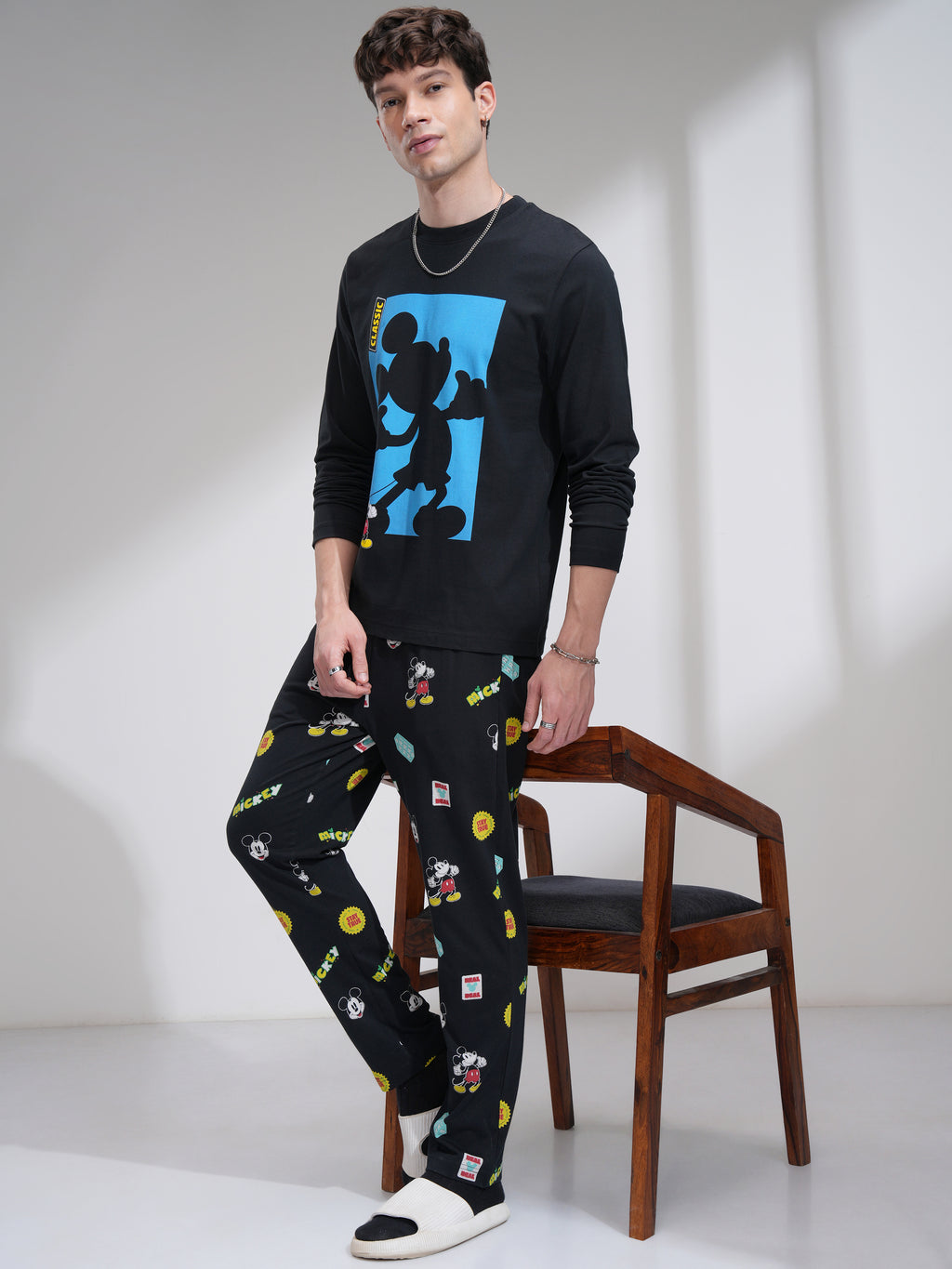 Disney By Highlander Men Black Mickey Mouse T-Shirt With Trouser Co-Ords - Black - Image 1