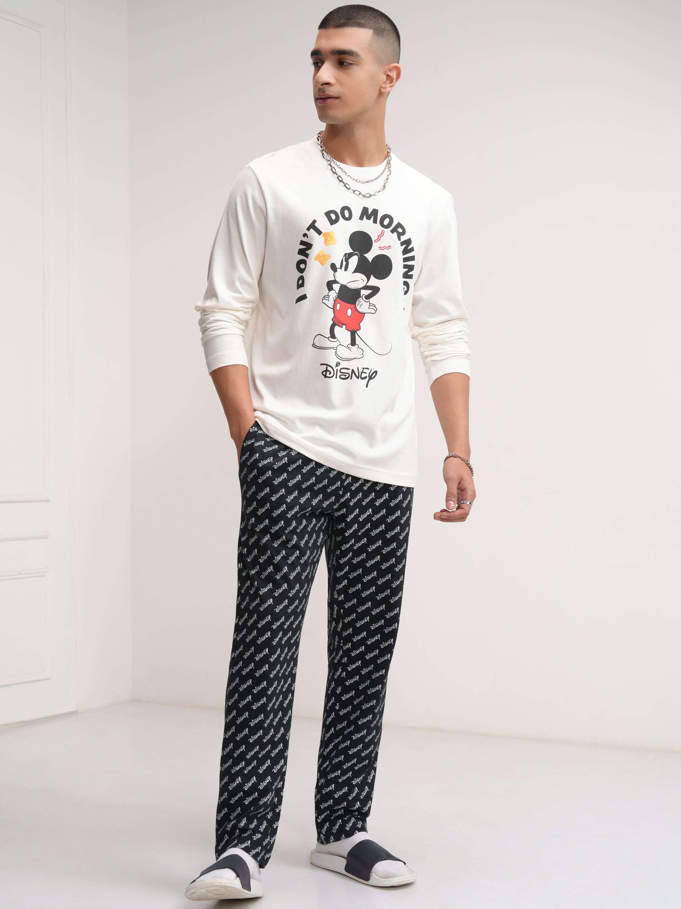 Disney By Highlander Men Off White Mickey Mouse T-Shirt With Trouser Co-Ords - Off White - Image 1