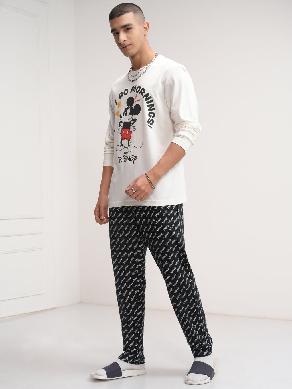Disney By Highlander Men Off White Mickey Mouse T-Shirt With Trouser Co-Ords - Off White - Image 2