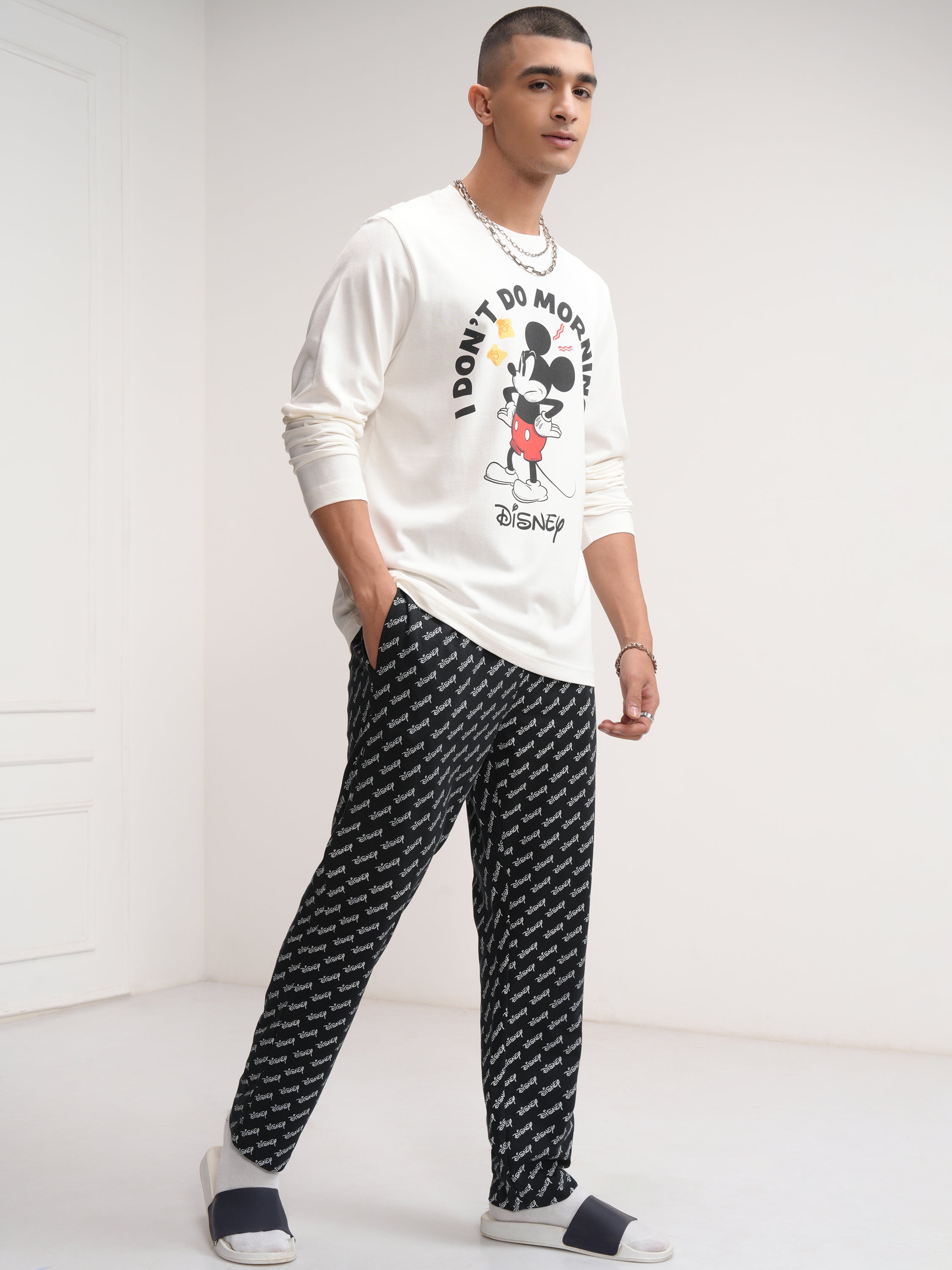 Disney By Highlander Men Off White Mickey Mouse T-Shirt With Trouser Co-Ords - Off White - Image 4