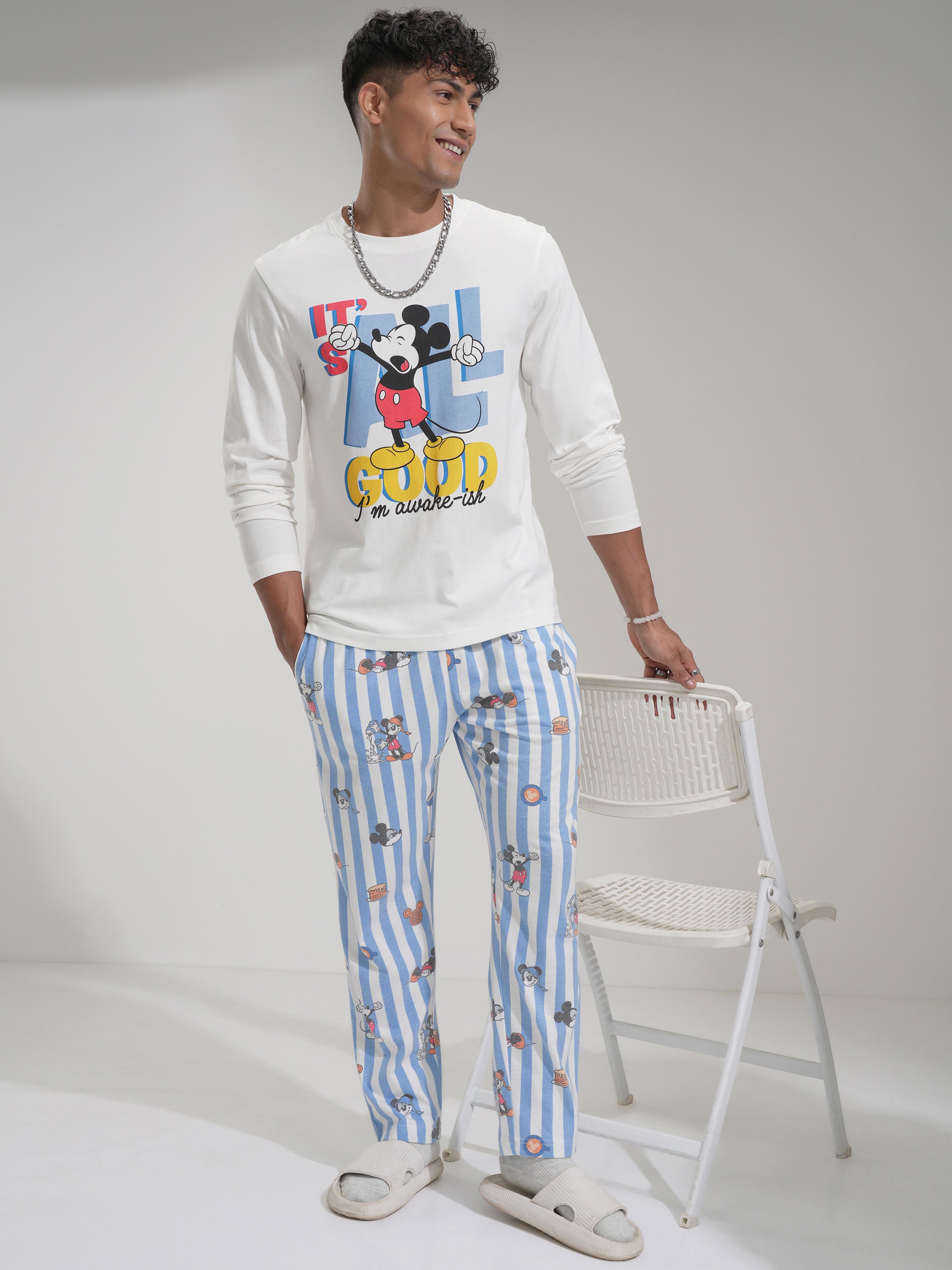 Disney By Highlander Men White Mickey Mouse T-shirt With Trouser Co-Ords - White - Image 1