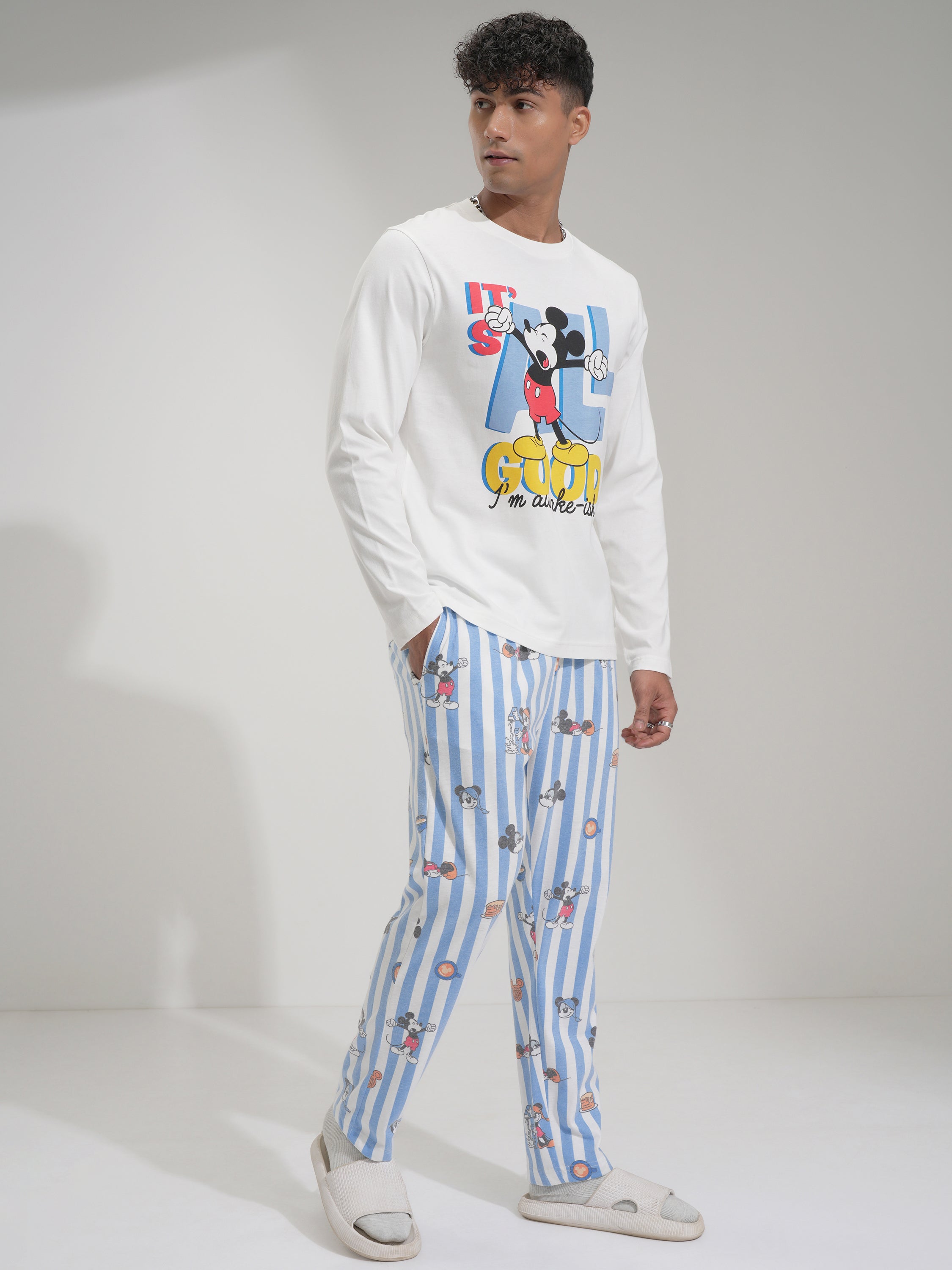 Disney By Highlander Men White Mickey Mouse T-shirt With Trouser Co-Ords - White - Image 4
