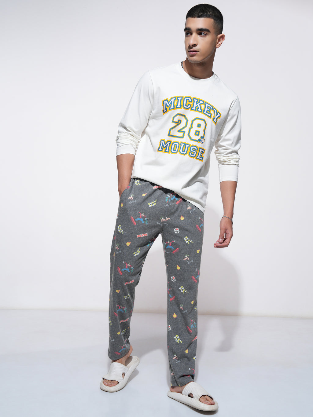 Disney By Highlander Men Off White Mickey Mouse T-shirt With Trouser Co-Ords - Off White - Image 1