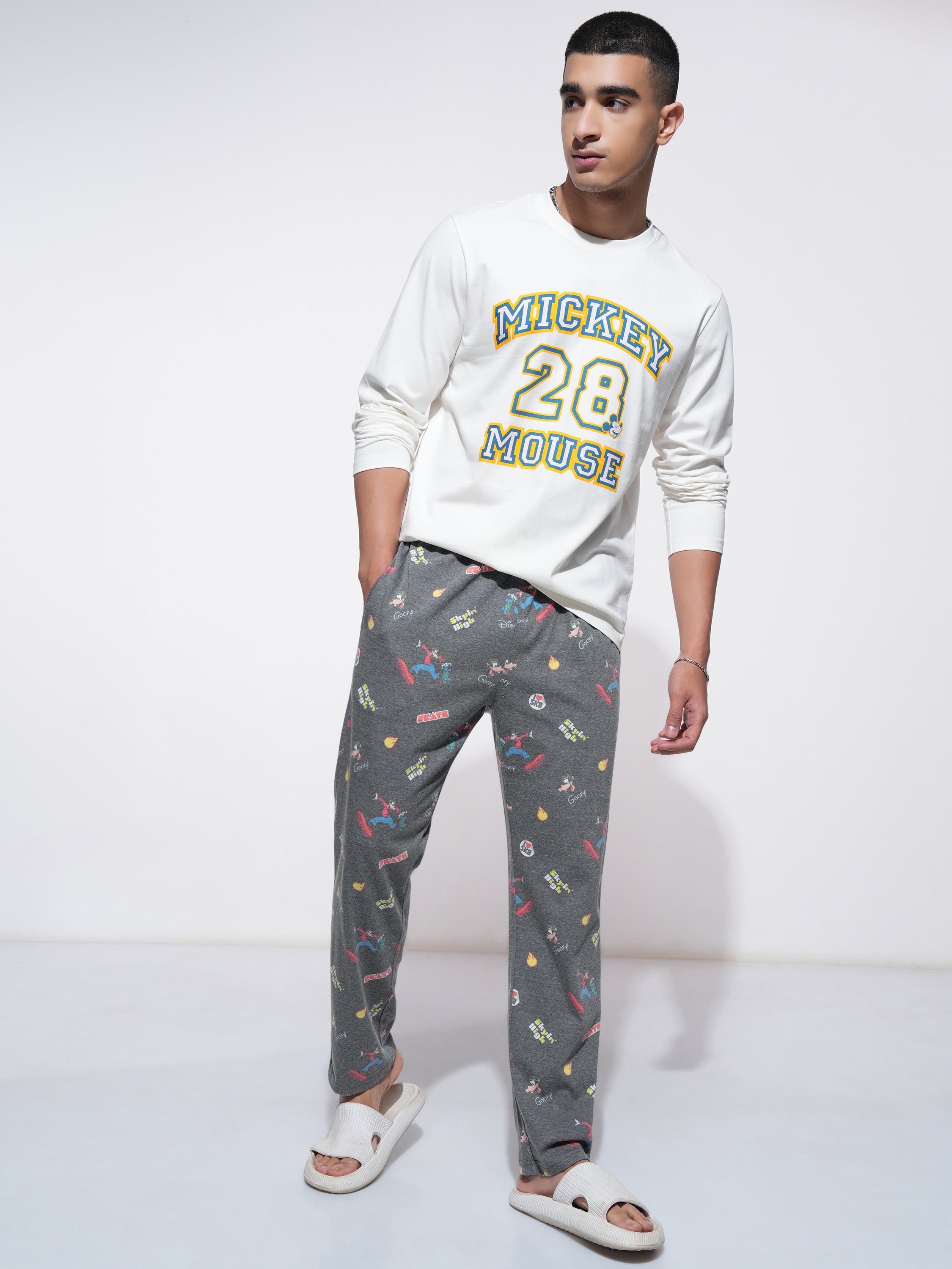 Disney By Highlander Men Off White Mickey Mouse T-shirt With Trouser Co-Ords - Off White - Image 1