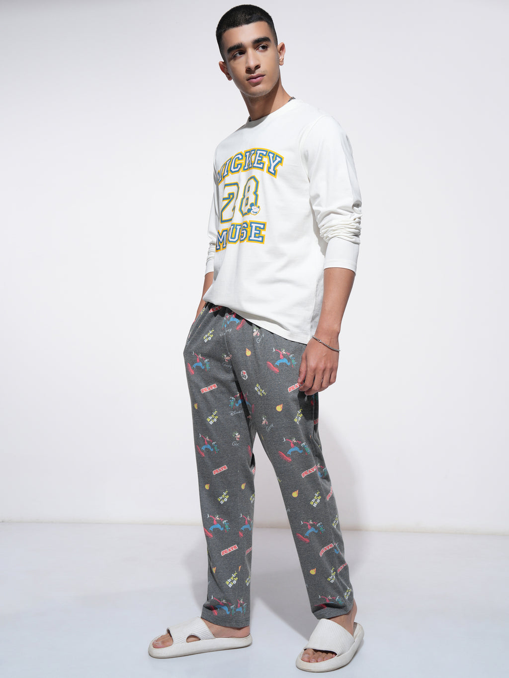Disney By Highlander Men Off White Mickey Mouse T-shirt With Trouser Co-Ords - Off White - Image 2
