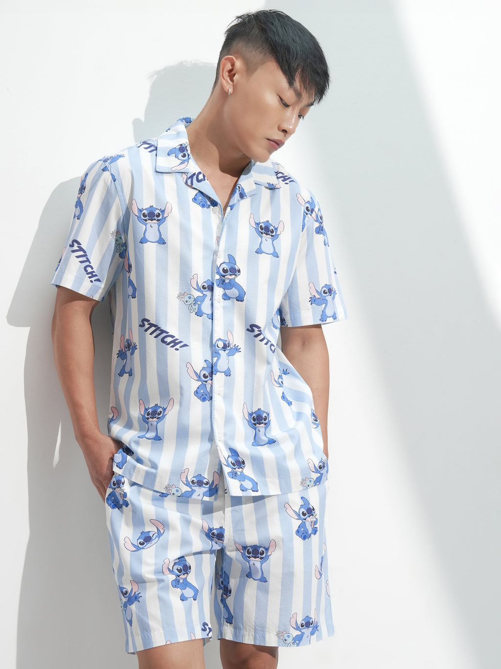 Disney By Highlander Men Blue Stitch Shirt With Shorts Co-Ords - Blue - Image 1