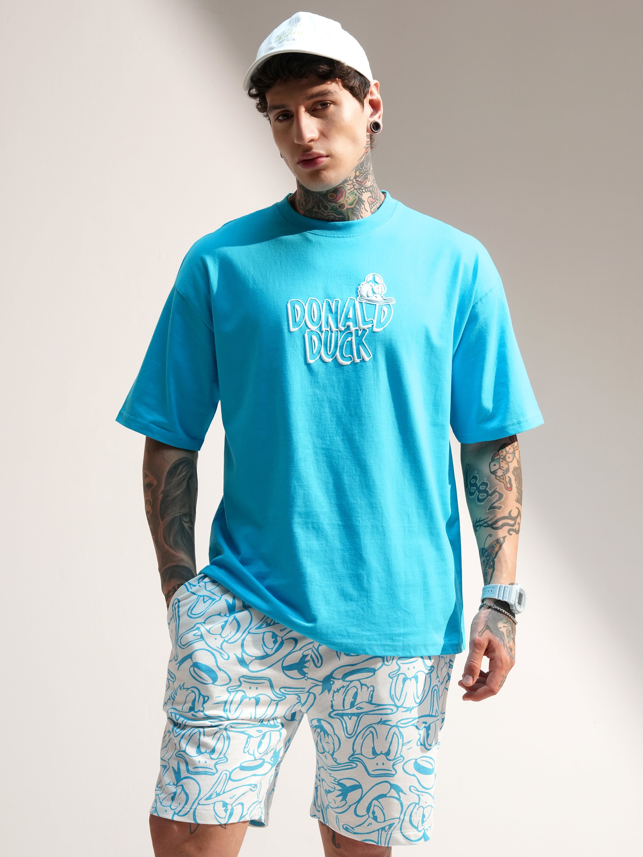 Disney By Highlander Men Turquoise Donald Duck T-Shirt With Shorts Co-Ords - Turquoise - Image 1