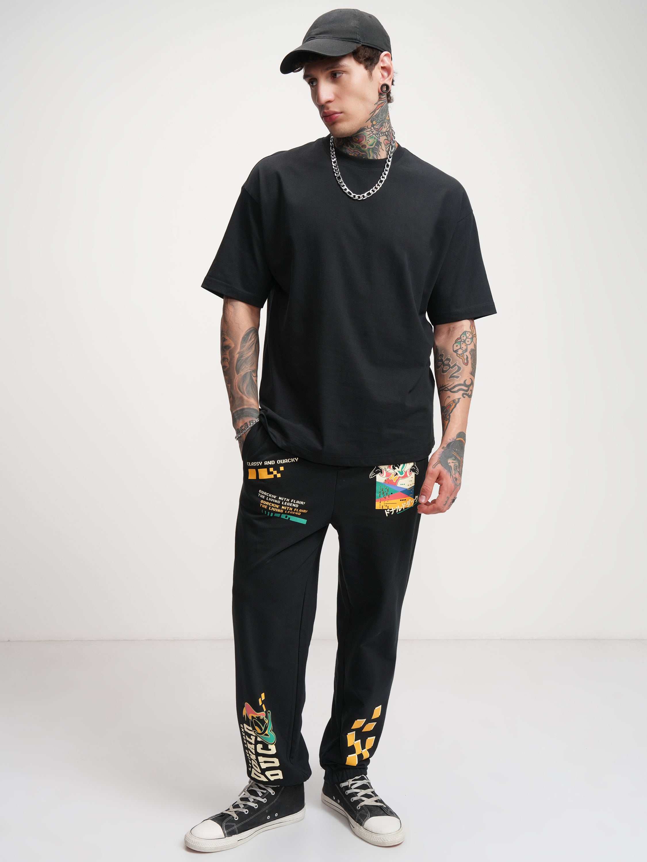 Disney By Highlander Men Black Donald Duck Printed Baggy Fit Joggers - Black - Image 2