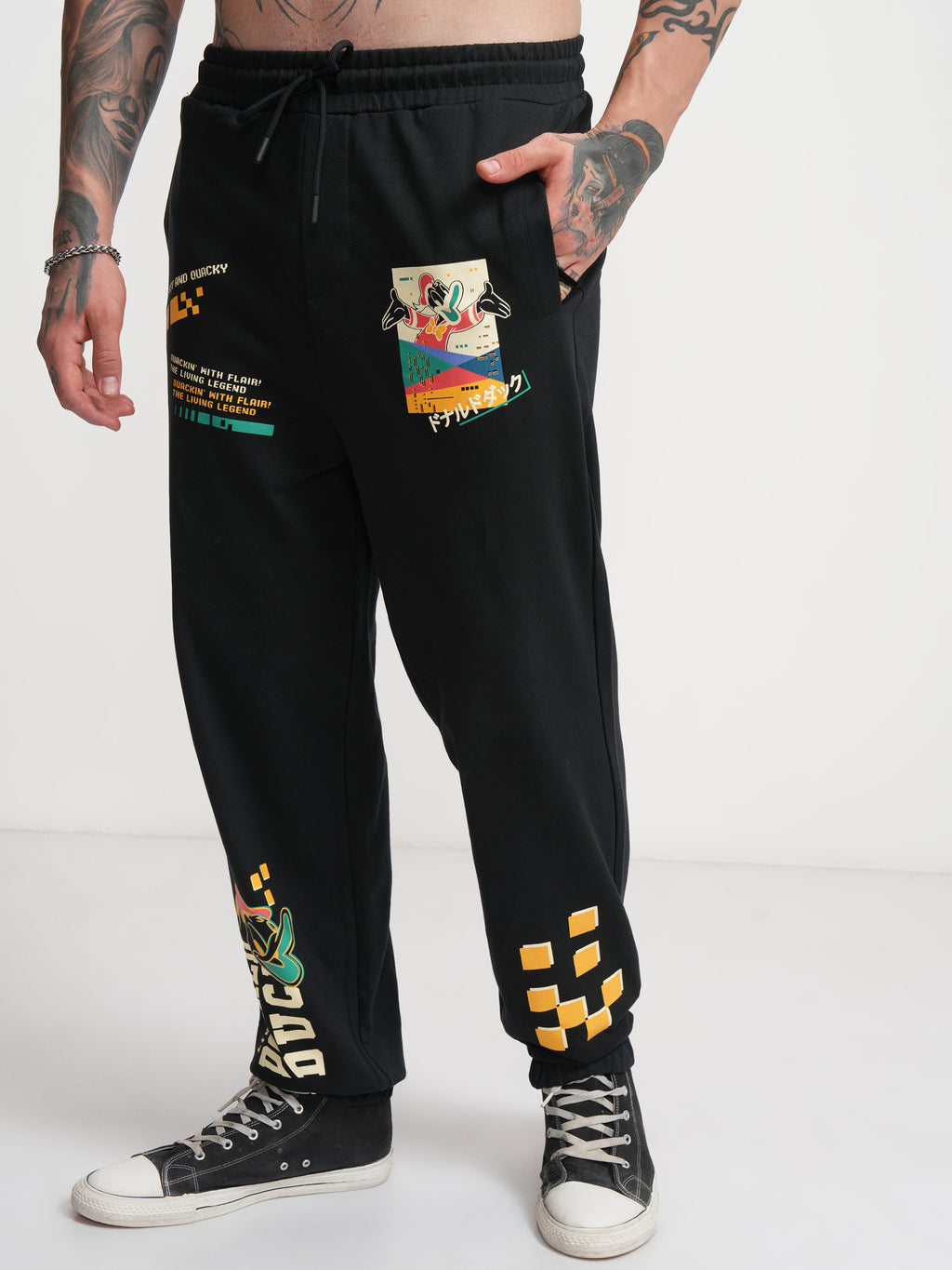 Disney By Highlander Men Black Donald Duck Printed Baggy Fit Joggers - Black - Image 4