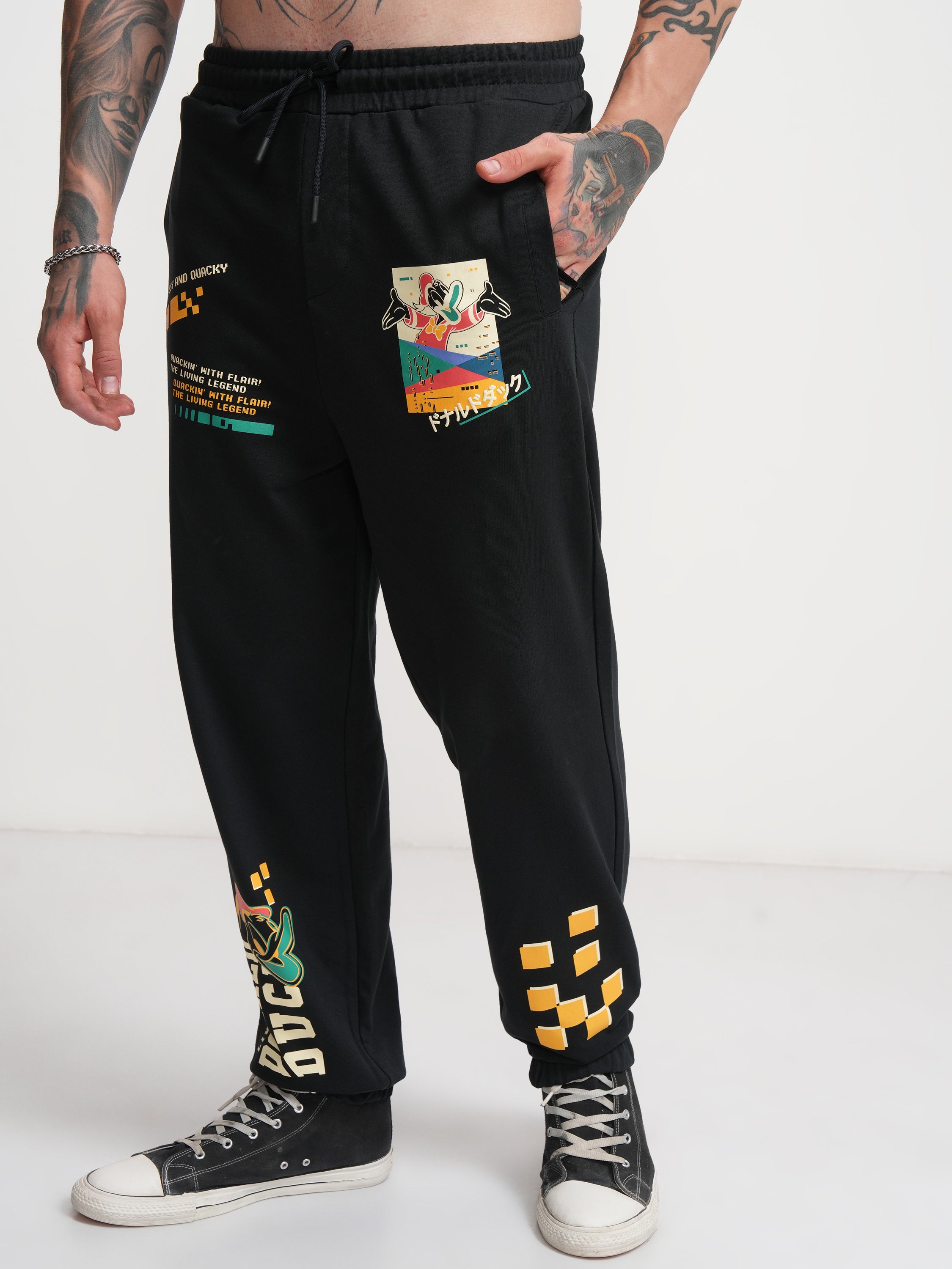 Disney By Highlander Men Black Donald Duck Printed Baggy Fit Joggers - Black - Image 4