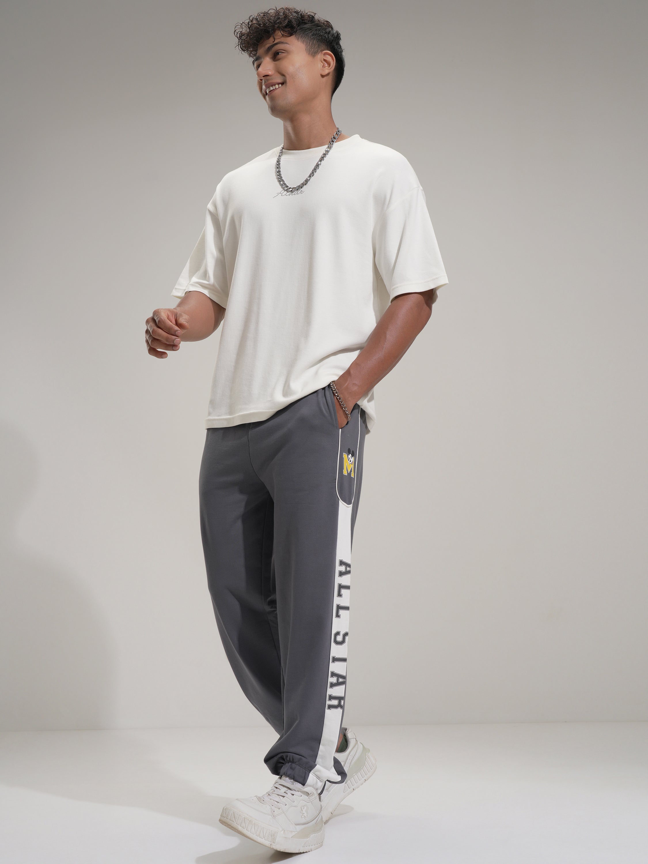 Disney By Highlander Men Grey Mickey Mouse Loose Fit Solid Joggers - Grey - Image 2
