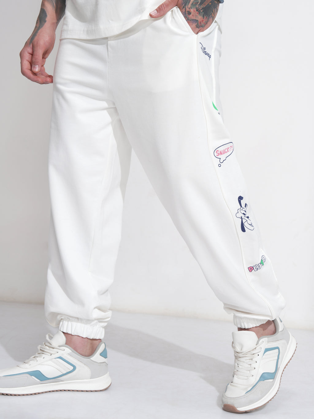 Disney By Highlander Men Off White Mickey Mouse Loose Fit Solid Joggers - Off White - Image 1